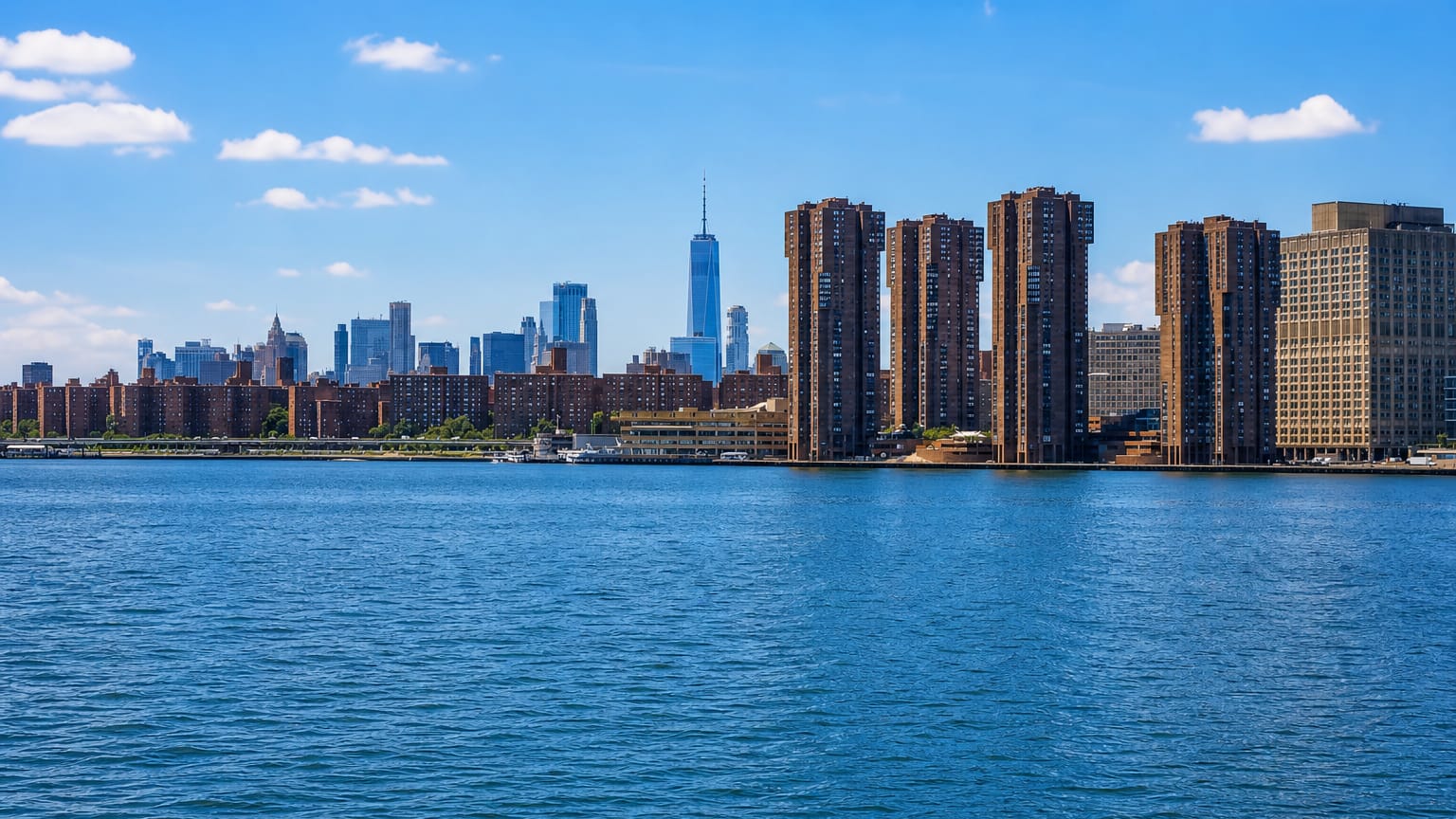 Brick residential high-rise towers on the East River waterfront with the Lower Manhattan skyline behind in Peter Cooper Village, New York.