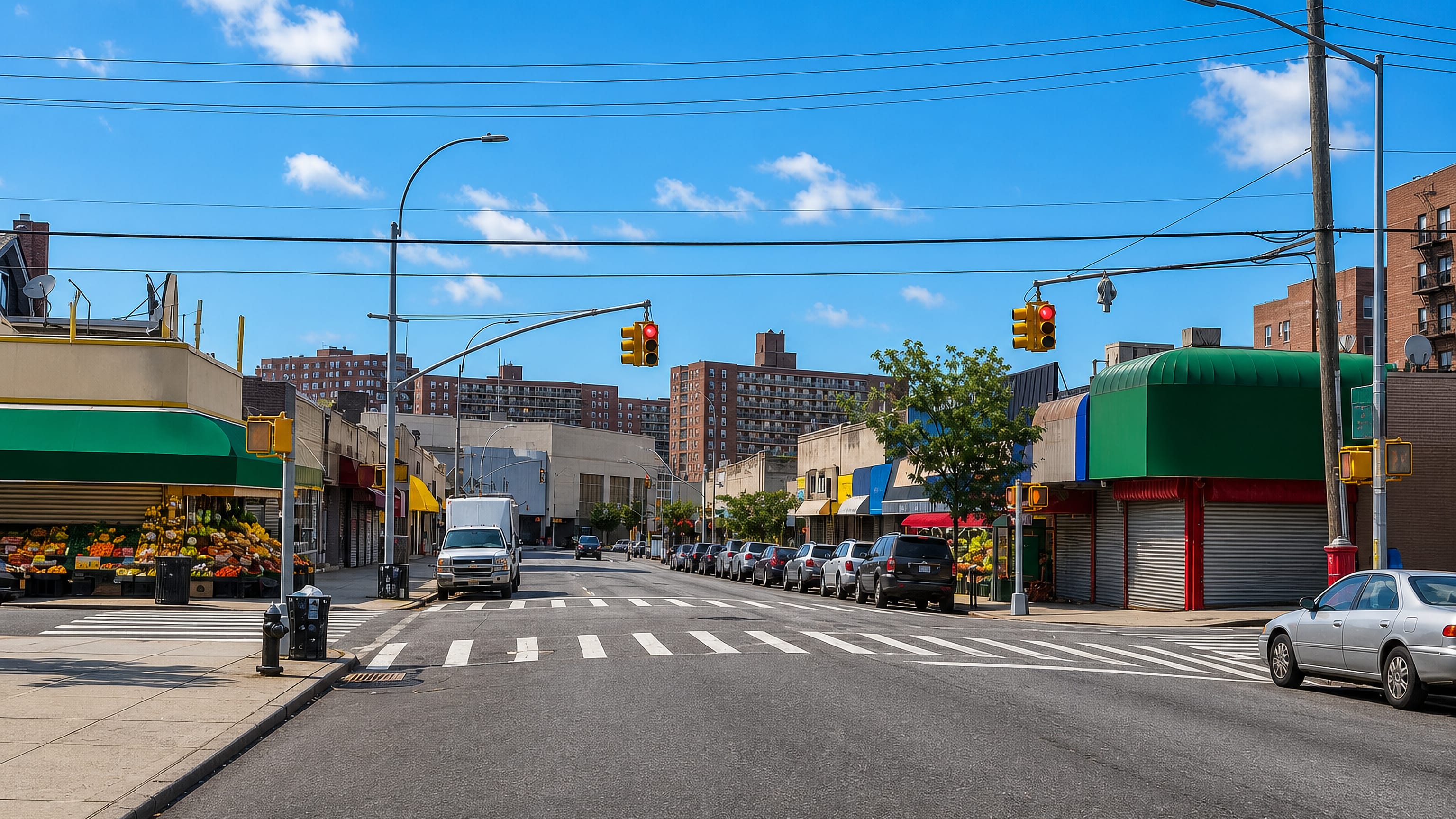 Shopfronts, awnings and a fruit stand on a wide commercial street in Rego Park, Queens.