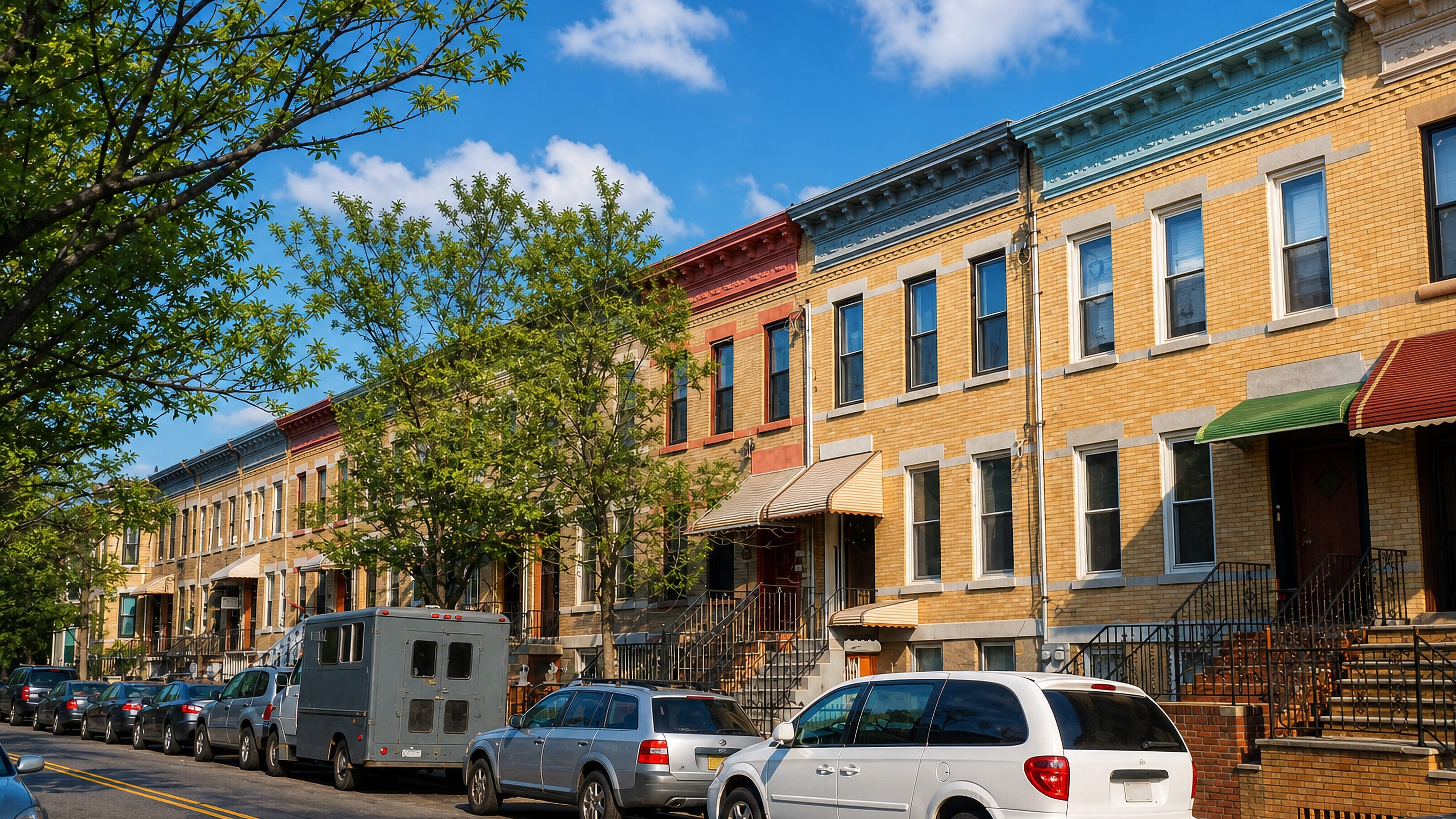 Yellow-brick rowhouses with awnings and stoops line a leafy residential street in Ridgewood, Queens.