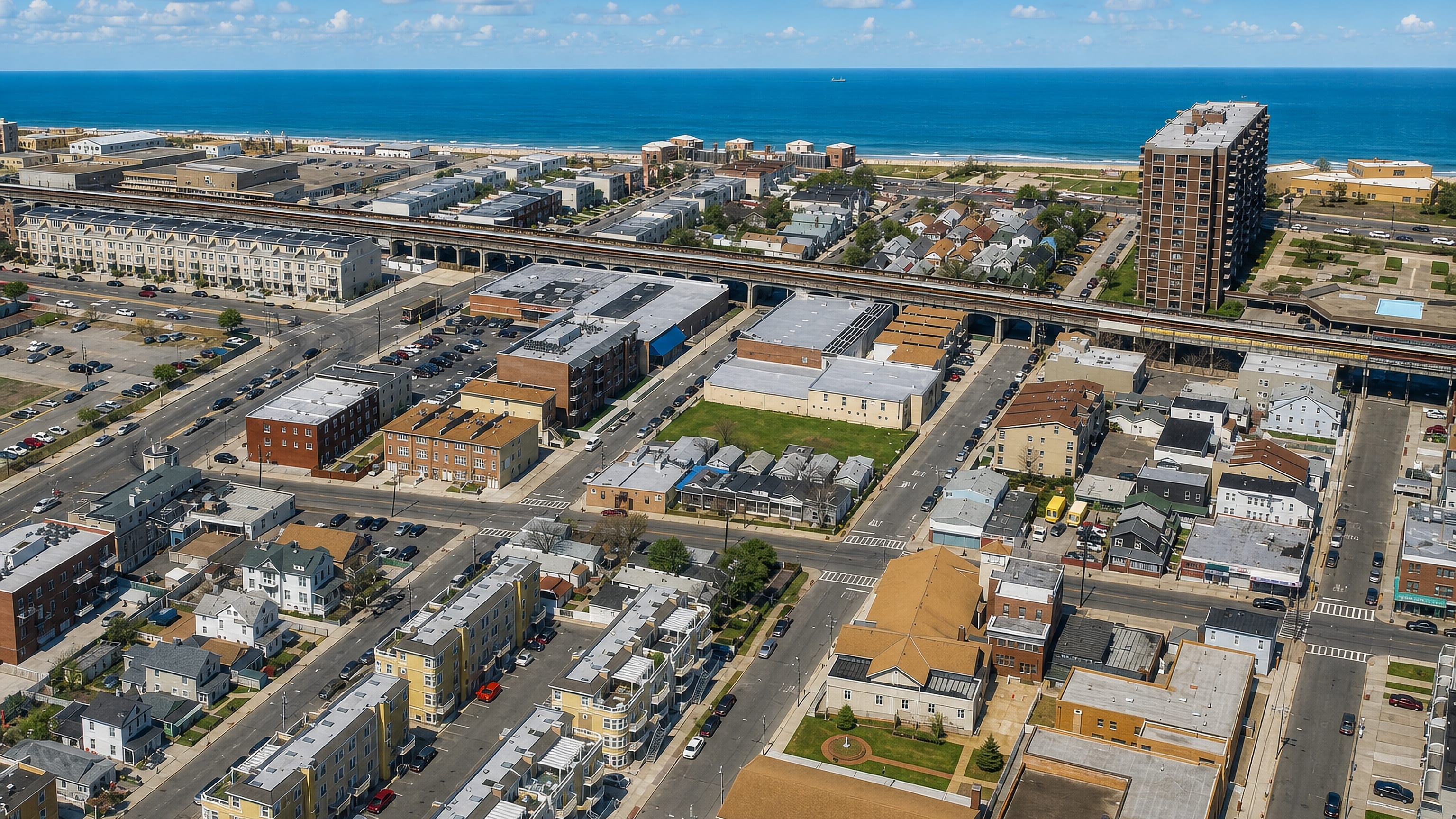 Aerial view of Seaside in the Rockaways, New York City, with the elevated rail line and Atlantic beachfront.