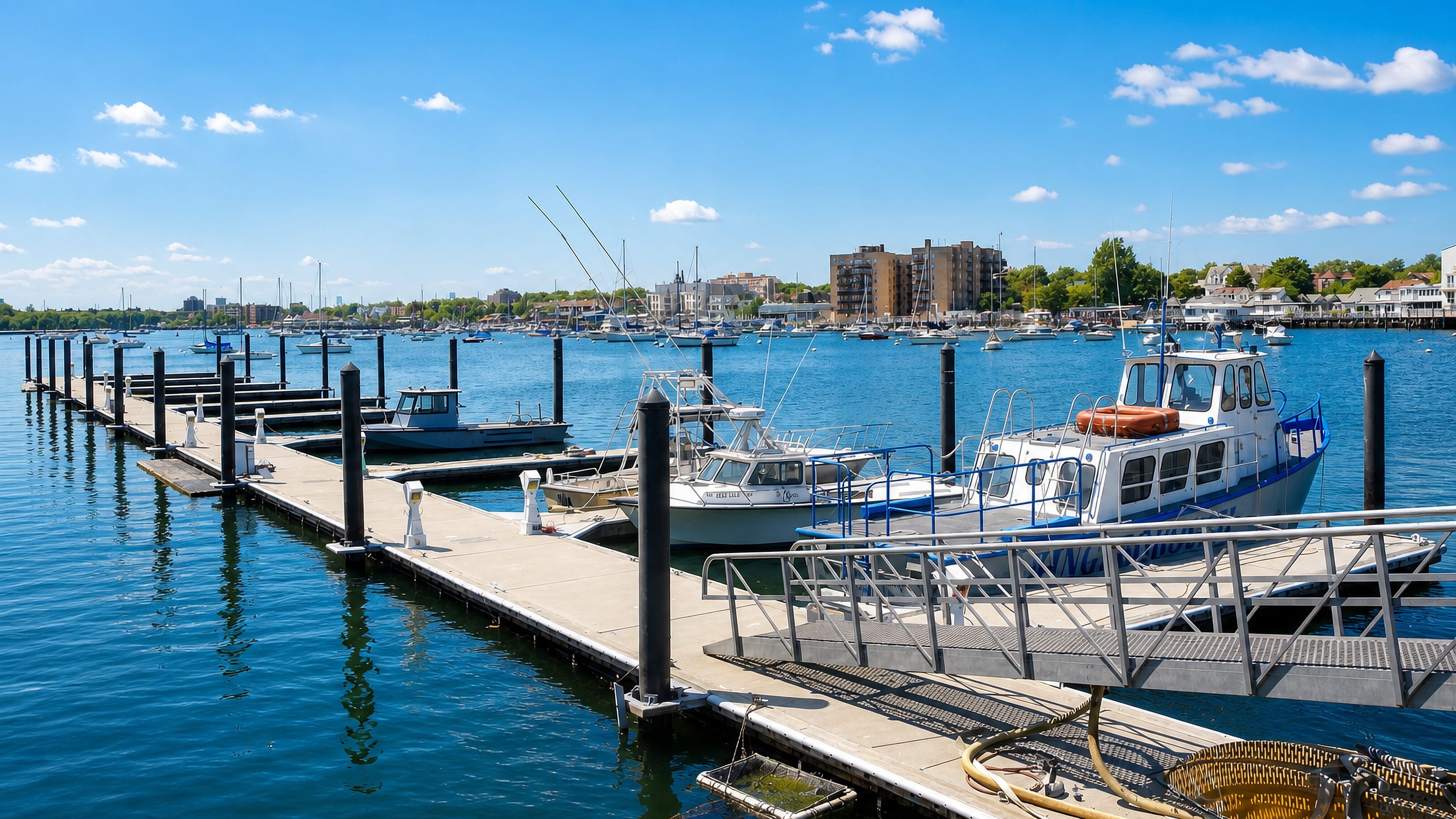 Fishing boats moored at floating docks in Sheepshead Bay, Brooklyn, with low-rise buildings across the water