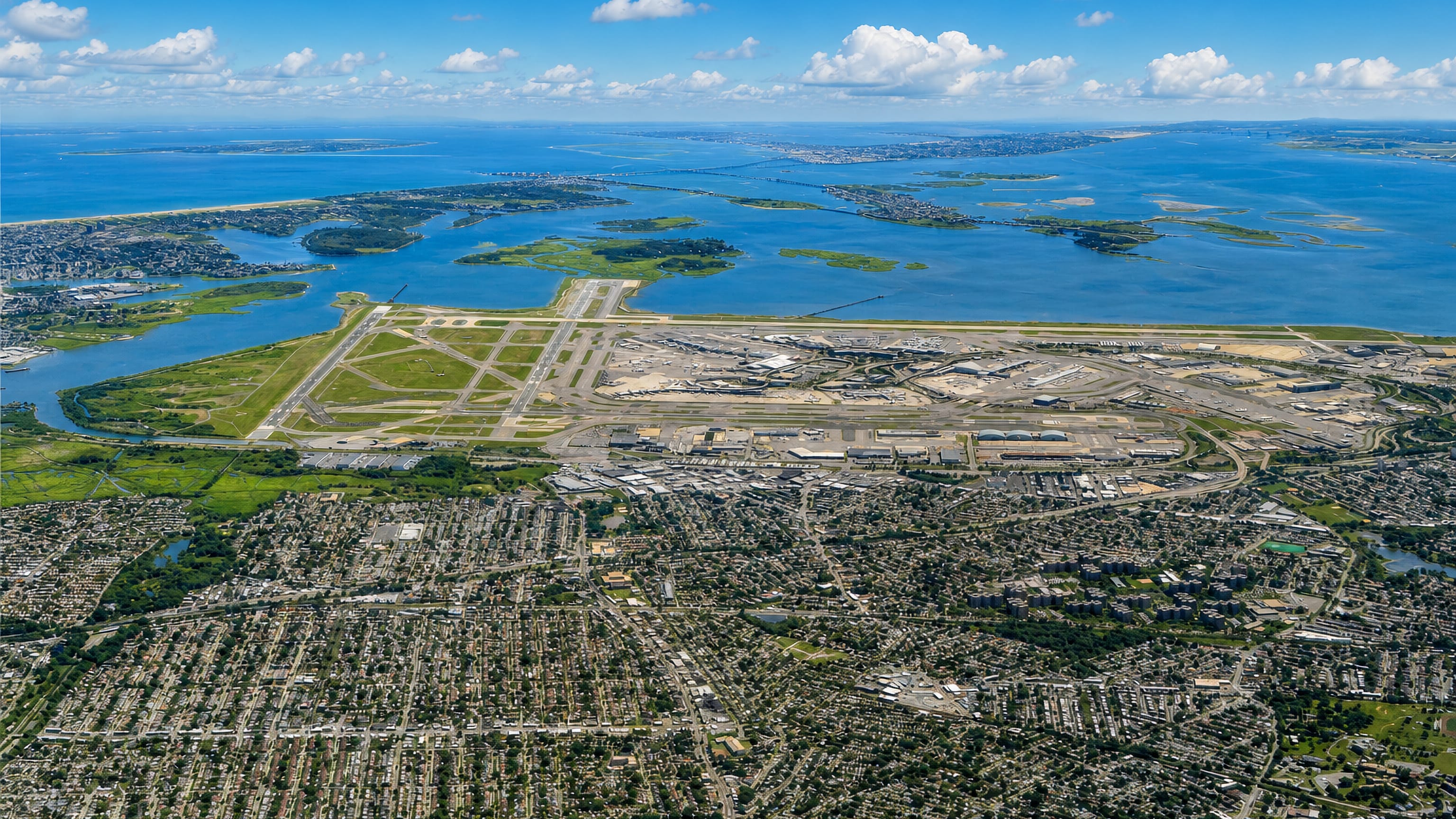 Aerial over Springfield Gardens, Queens, with JFK Airport runways and Jamaica Bay beyond.