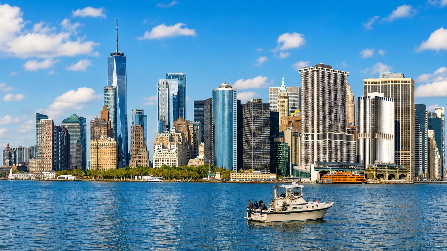 Lower Manhattan's skyline and One World Trade Center seen across the harbor from the Staten Island Ferry.