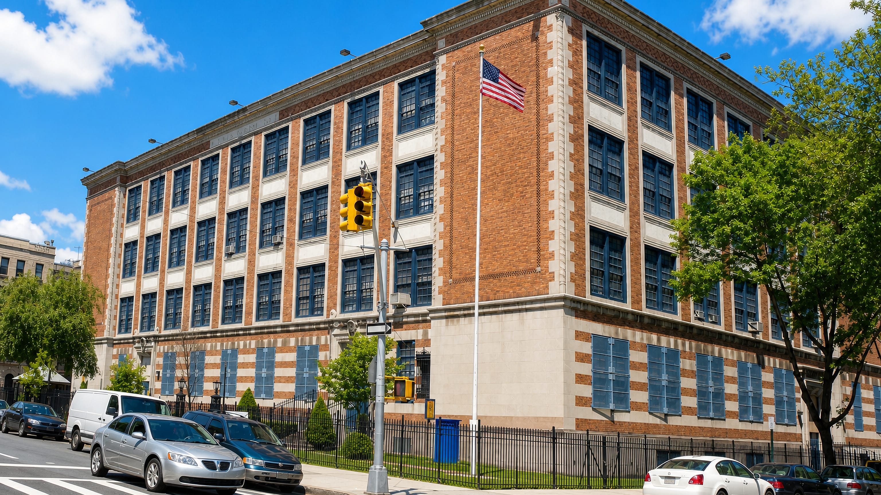 Brick early-20th-century public school building on a sunny street corner in Sunnyside, Queens, New York City.