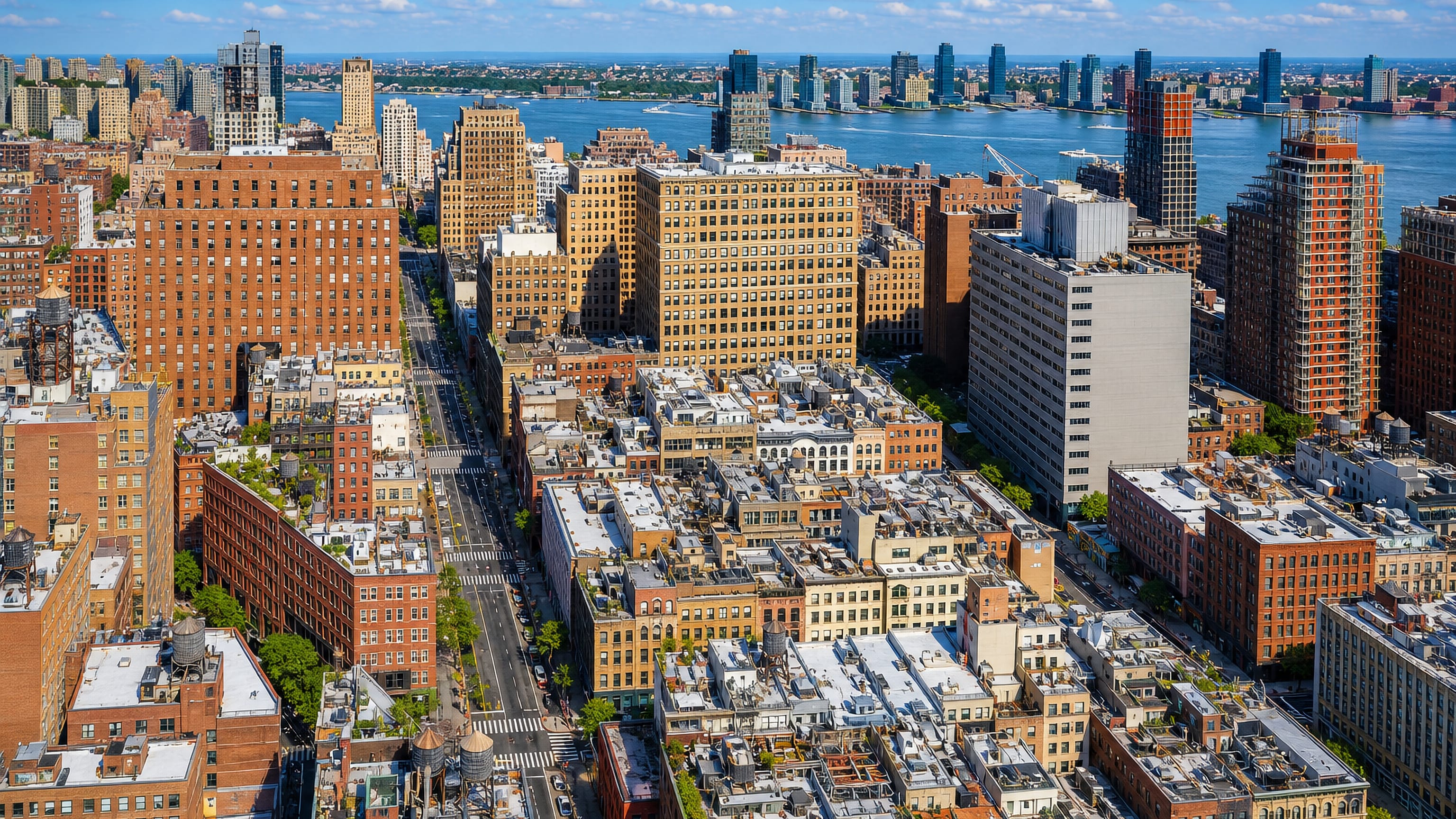 Aerial over Tribeca's brick loft blocks and rooftop water tanks toward the Hudson River in New York.