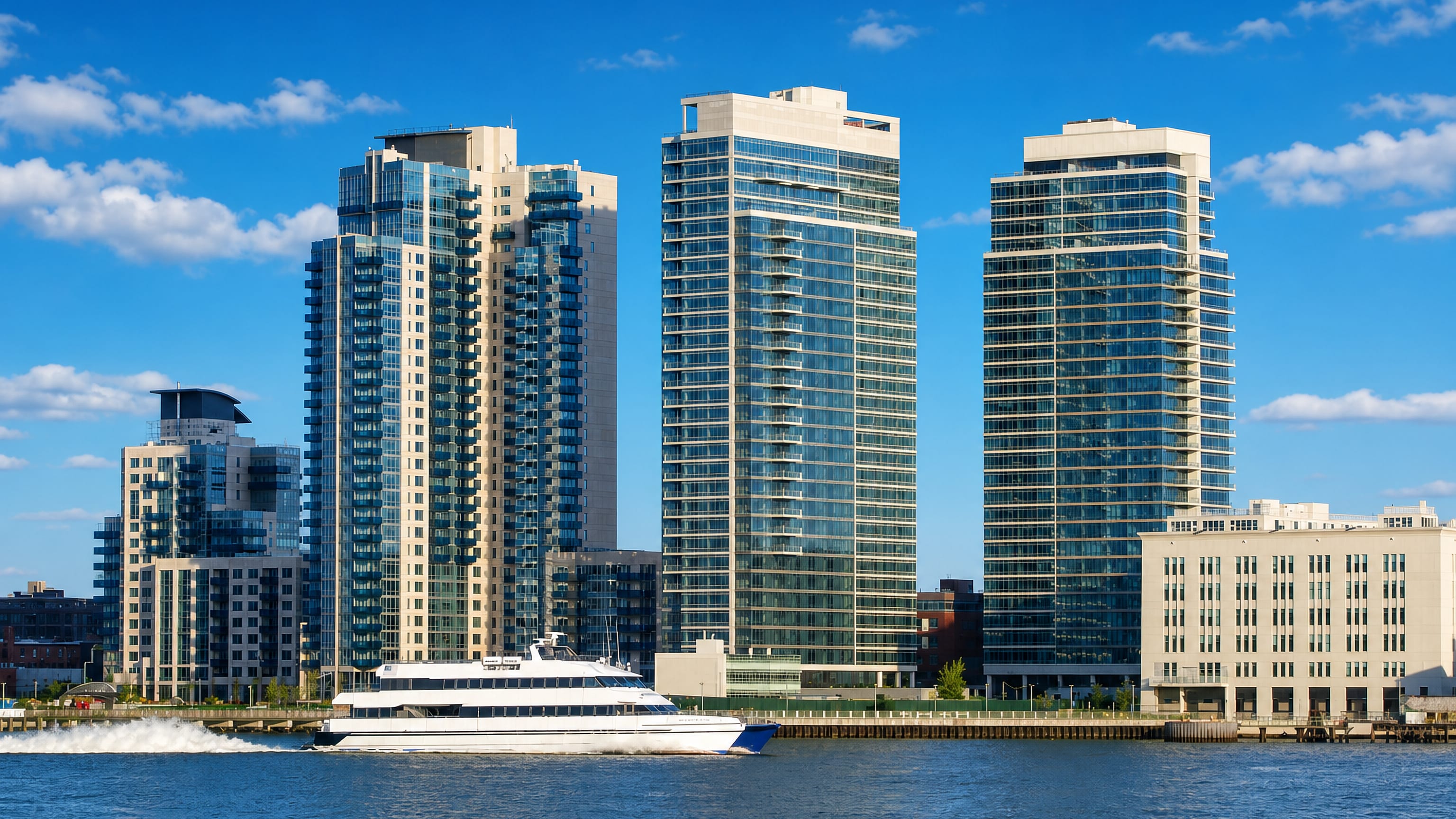 Glass residential towers along the Williamsburg waterfront in Brooklyn, New York, with a ferry on the East River.