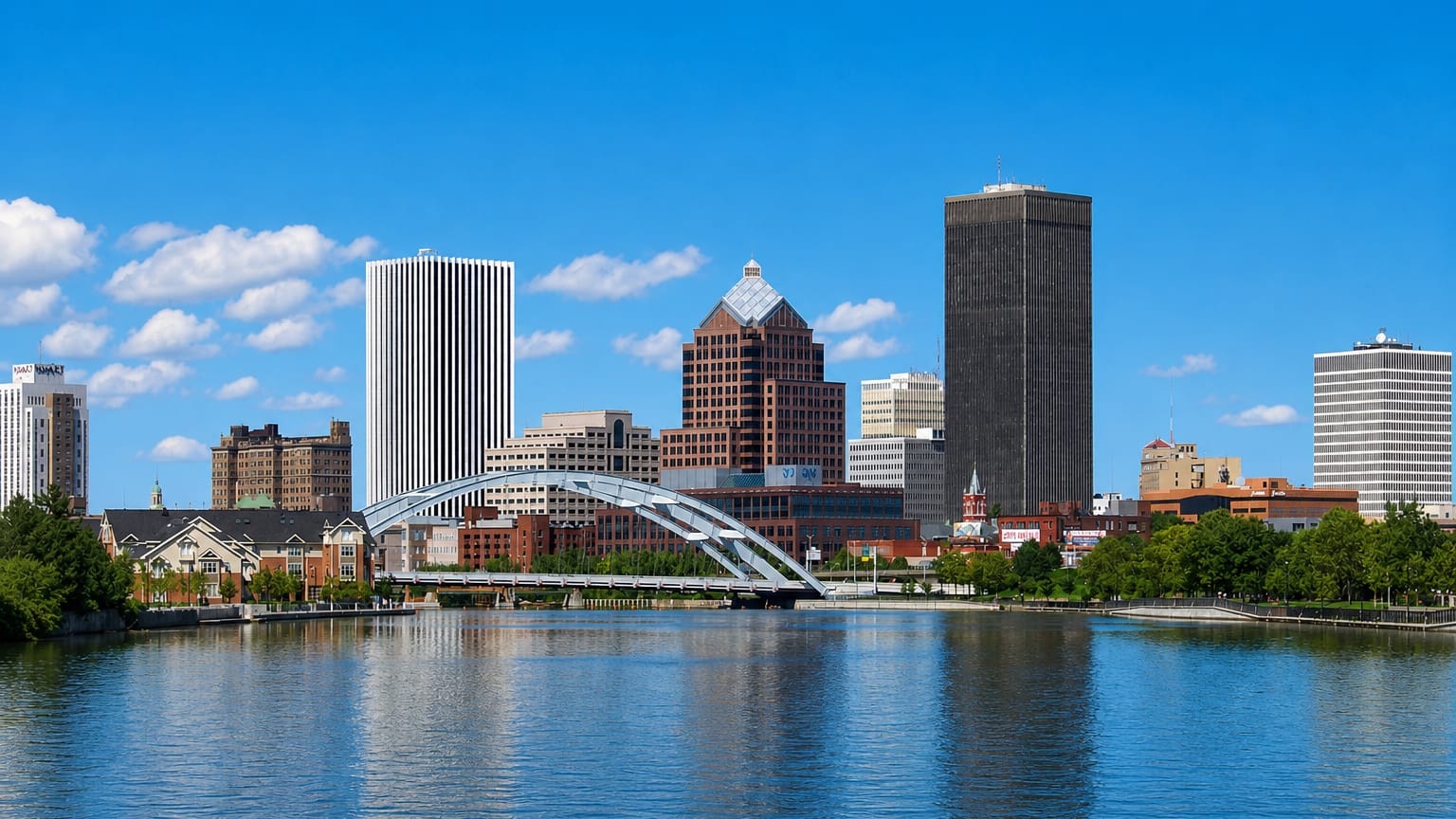 Rochester, New York skyline along the Genesee River with its arched pedestrian bridge and downtown towers.