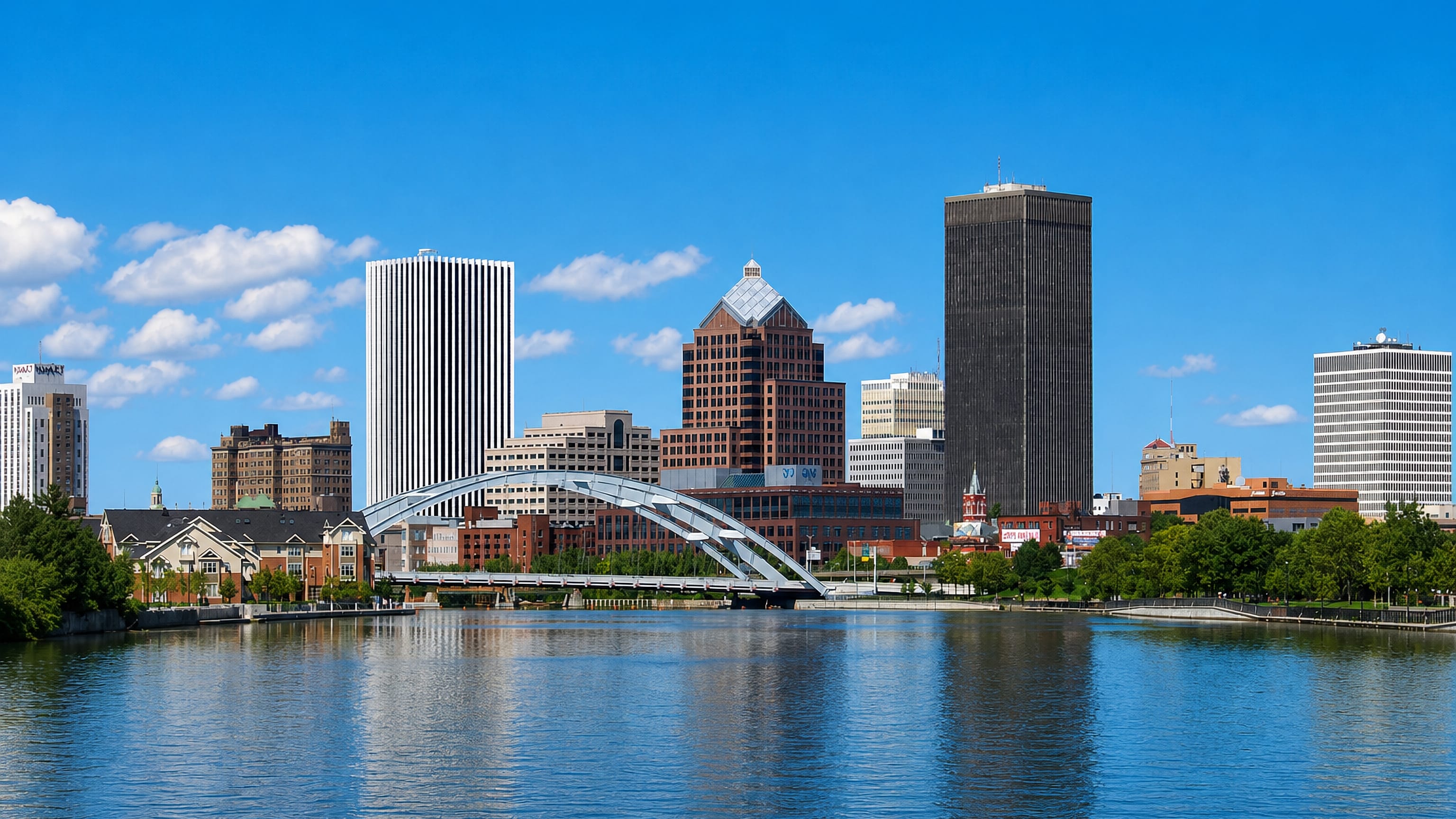 Rochester, New York skyline along the Genesee River with its arched pedestrian bridge and downtown towers.