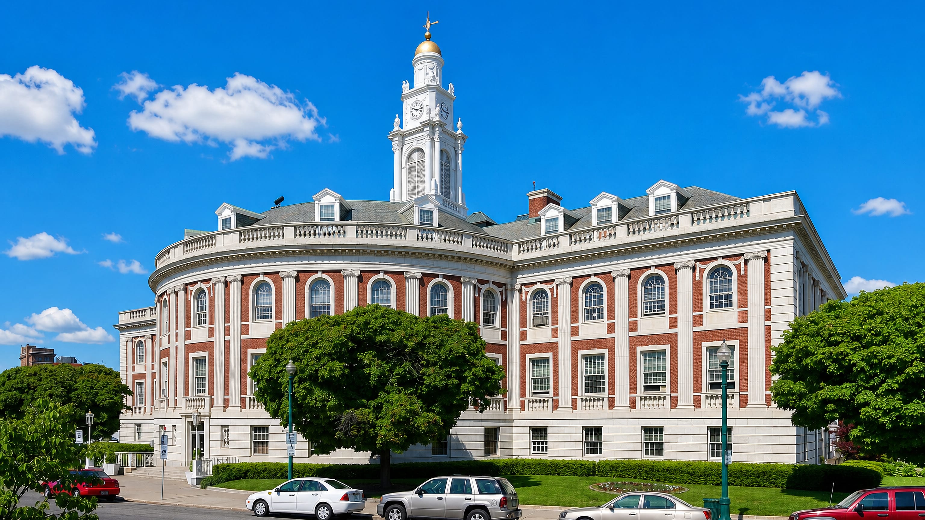 Schenectady City Hall in New York, its red-brick facade topped by a white clock tower and gilded dome.