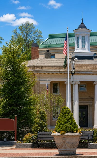 Columned bank building, street clock and flags in the village centre of Tuckahoe, New York.
