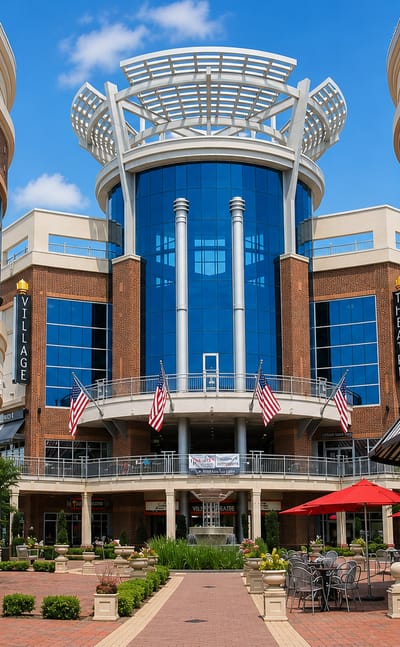 Upscale brick-and-glass mixed-use village center in Ballantyne, Charlotte, with US flags and outdoor cafe seating