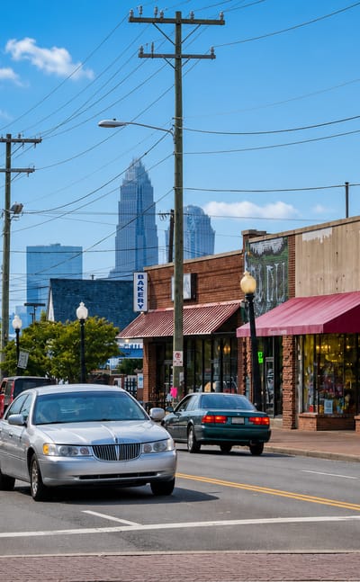 Plaza Midwood shopfronts and street lamps in Charlotte with the downtown skyline rising in the distance
