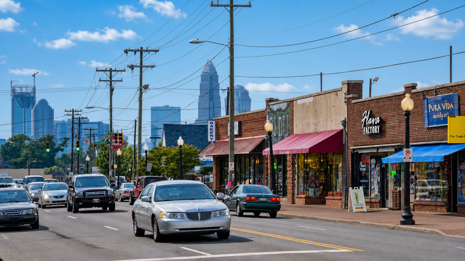 Plaza Midwood shopfronts and street lamps in Charlotte with the downtown skyline rising in the distance