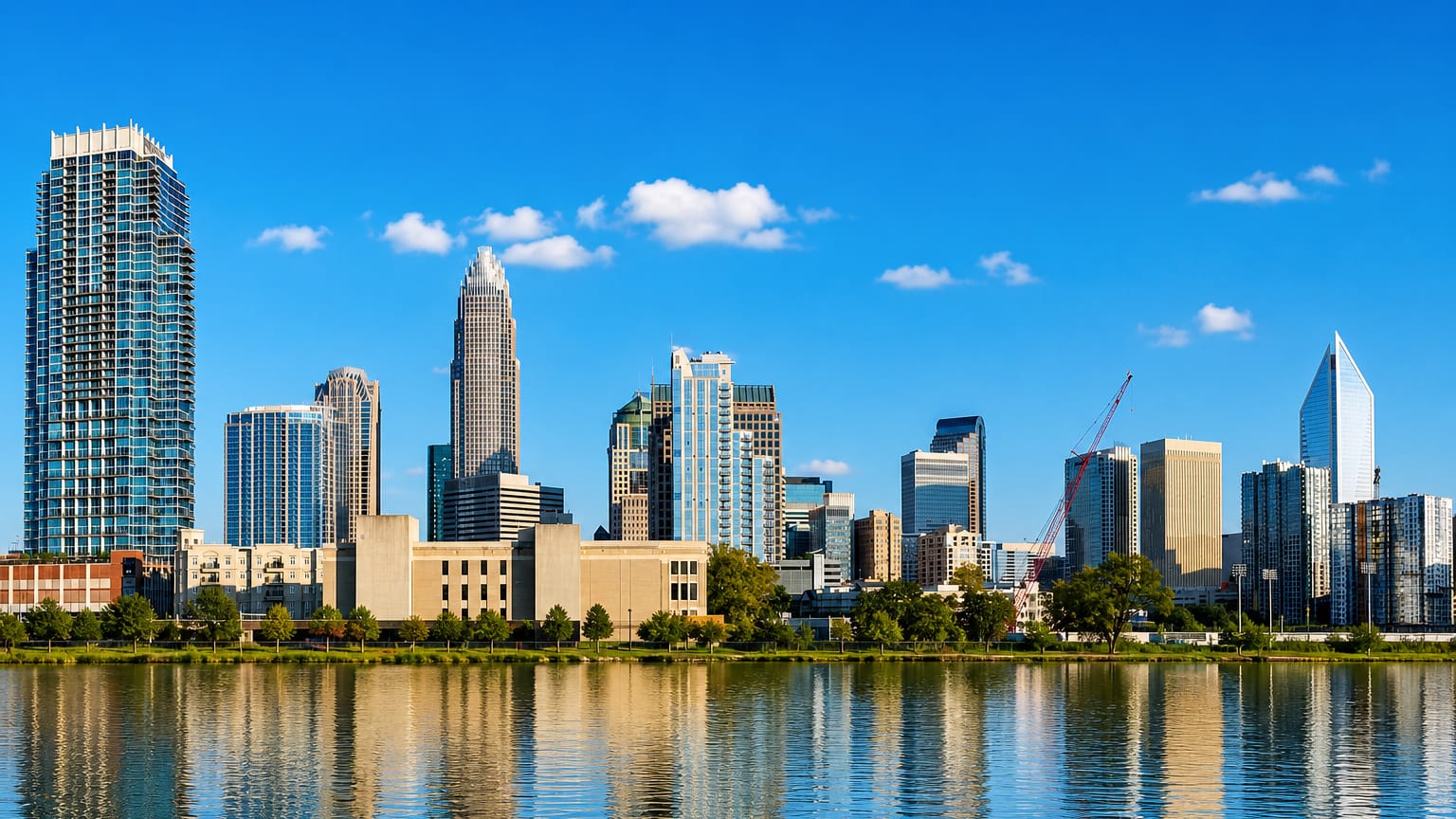 Uptown Charlotte skyline led by the Bank of America crown reflected in still water.