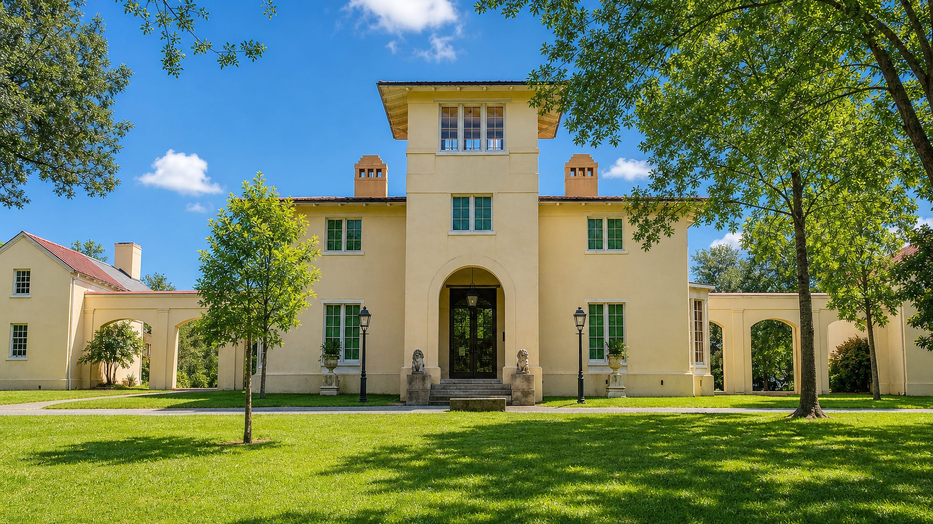Yellow Italianate mansion with a central tower and arcaded wings on a sunlit lawn in Greensboro, North Carolina.