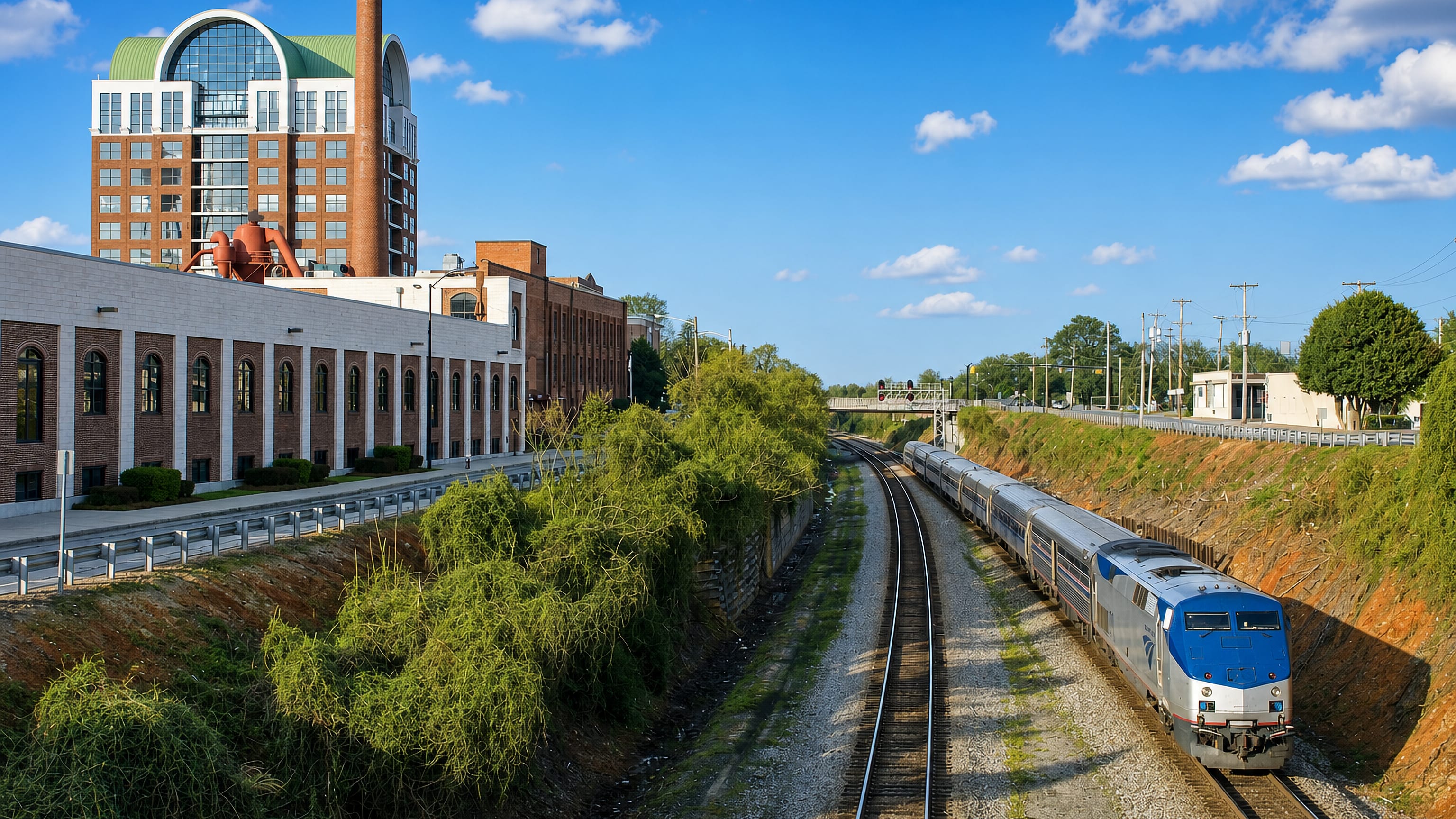 Passenger train in a rail cut beside brick mill buildings in High Point, North Carolina