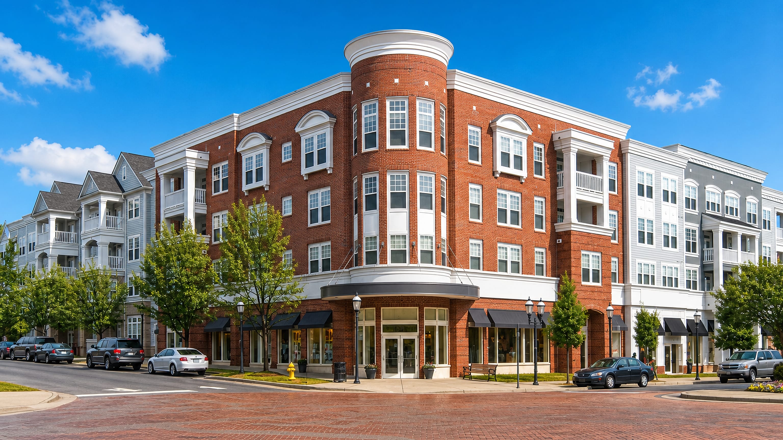 A red-brick mixed-use block with shopfronts on a village-style main street in Huntersville, North Carolina.