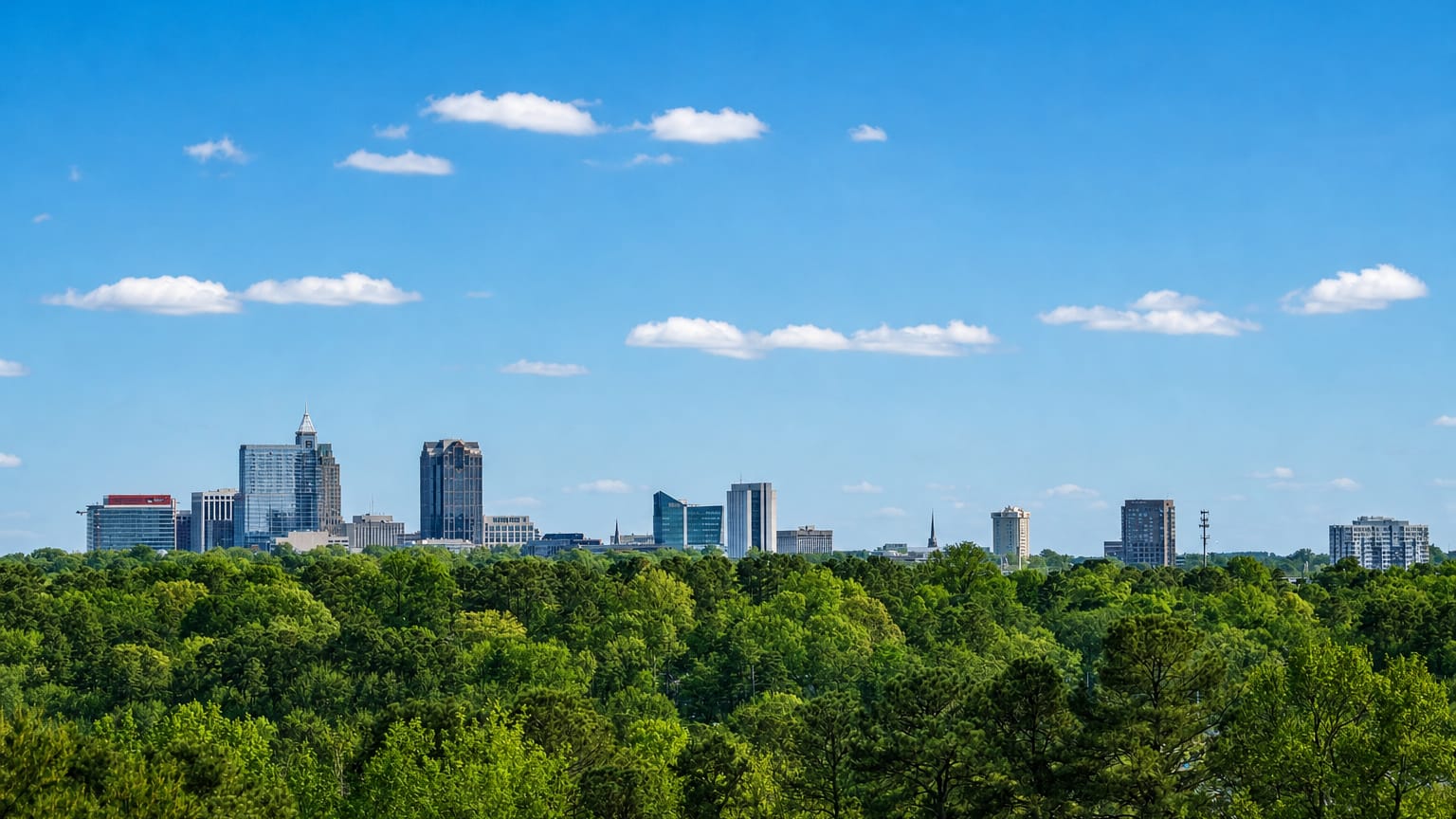 Raleigh, North Carolina downtown skyline rising above a dense green tree canopy under a clear blue sky