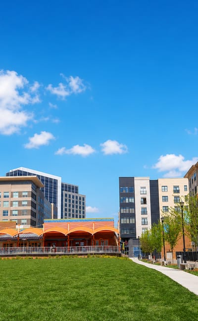 Open park lawn framed by mid-rise mixed-use apartment blocks in the North Hills district of Raleigh.