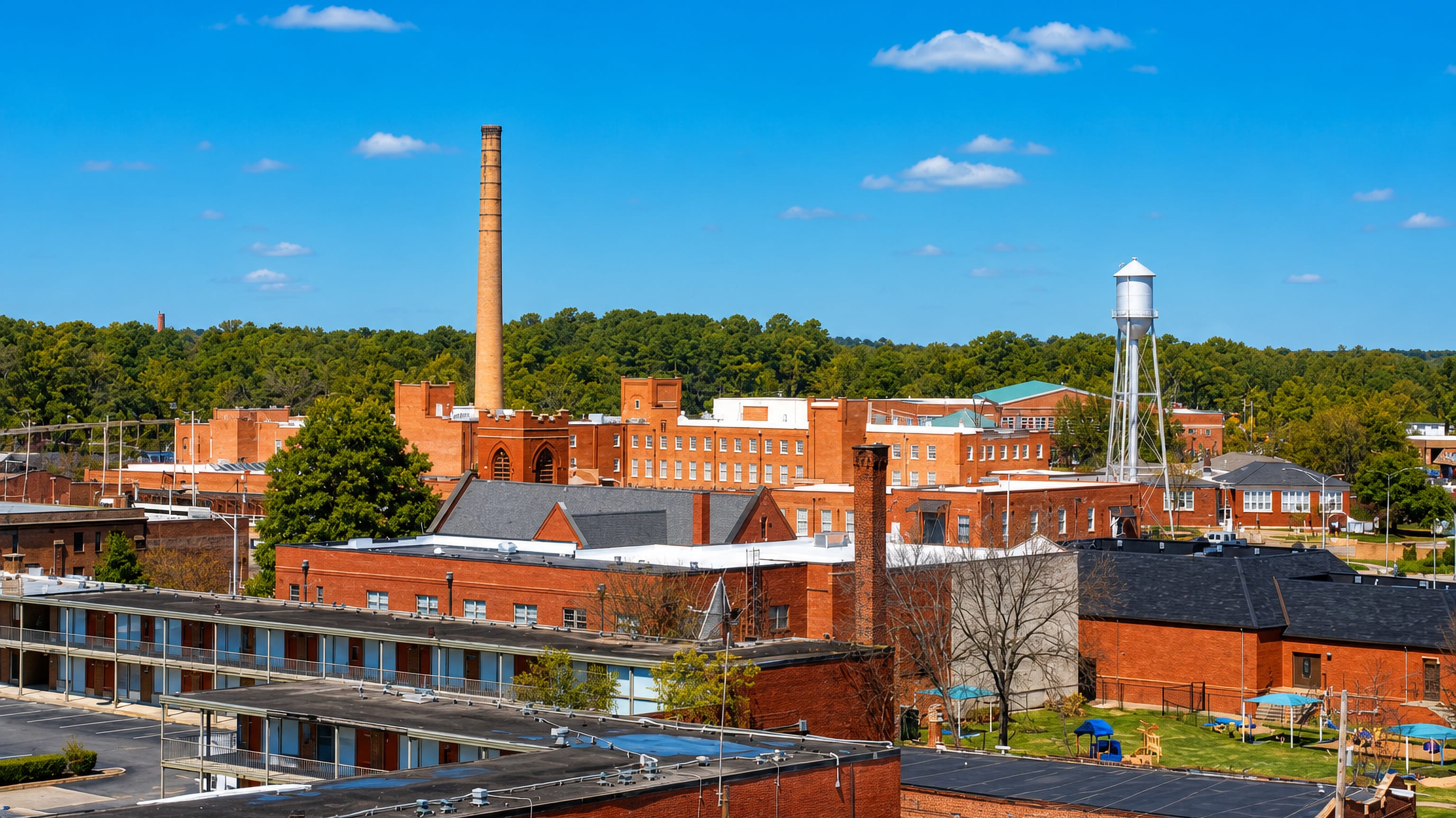 Red-brick mill buildings, a tall smokestack and a silver water tower in Rocky Mount, North Carolina.