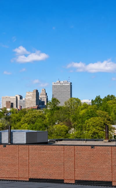 Downtown Winston-Salem, North Carolina skyline rising above green treetops on a clear spring day.