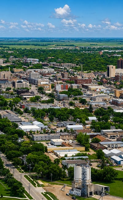 Aerial view of downtown Fargo, North Dakota spread across flat prairie with rail lines and a water tower.