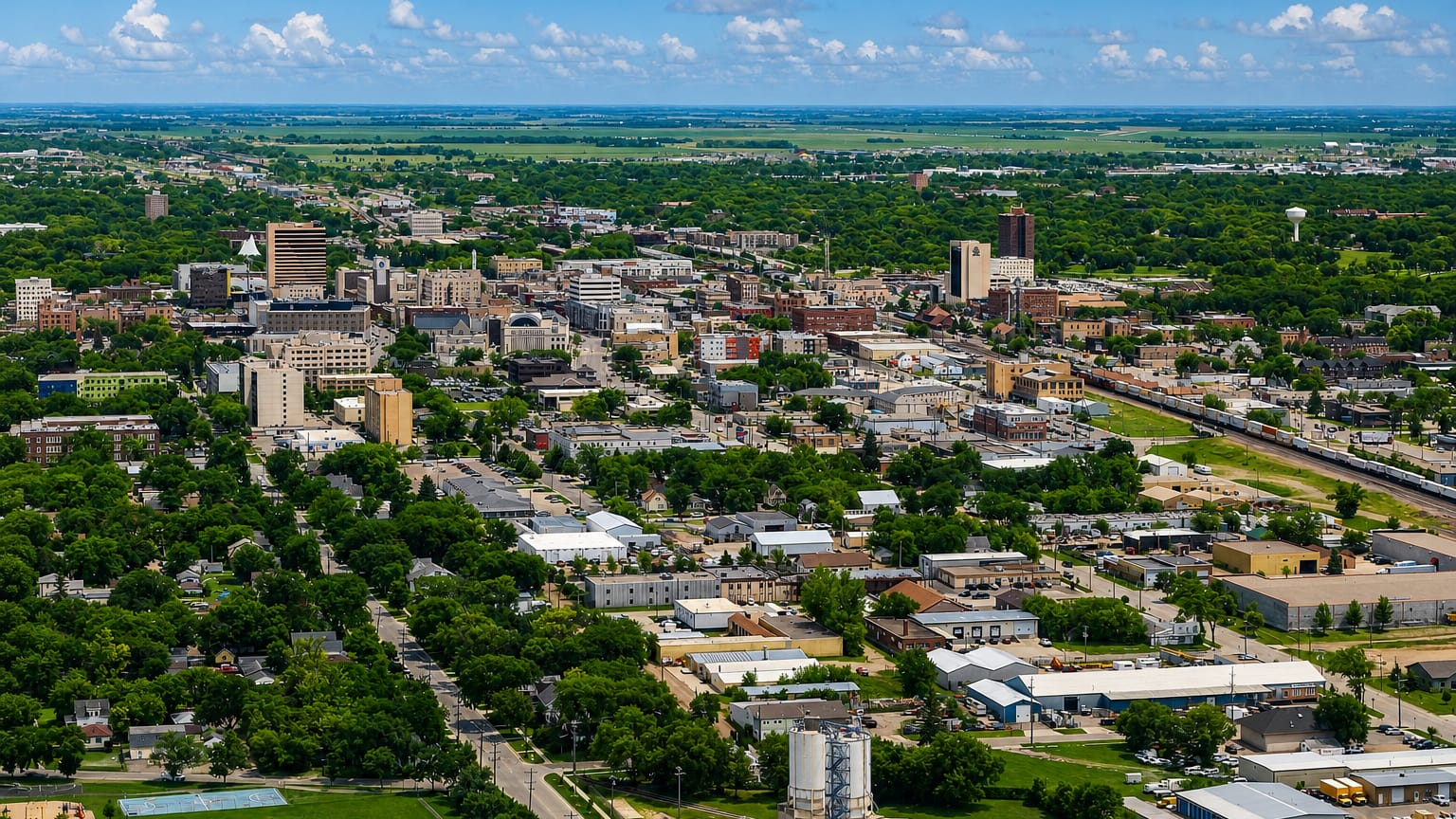 Aerial view of downtown Fargo, North Dakota spread across flat prairie with rail lines and a water tower.