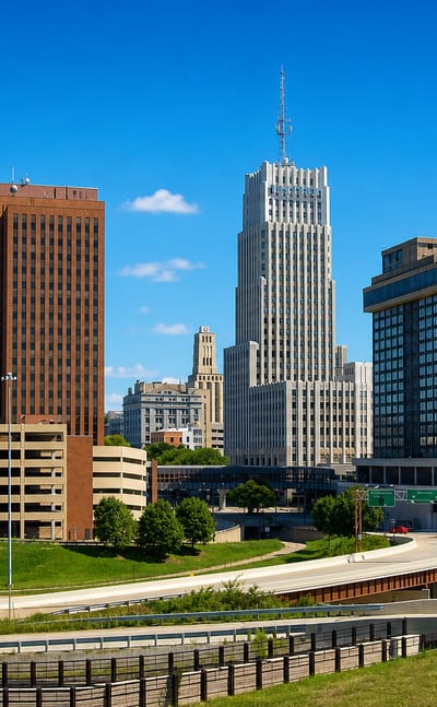 Downtown Akron, Ohio skyline with its white art-deco tower and office buildings above curving highways on a sunny day