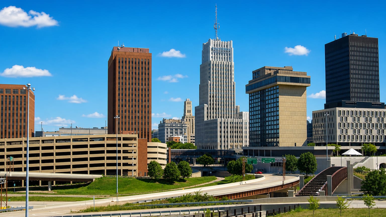 Downtown Akron, Ohio skyline with its white art-deco tower and office buildings above curving highways on a sunny day