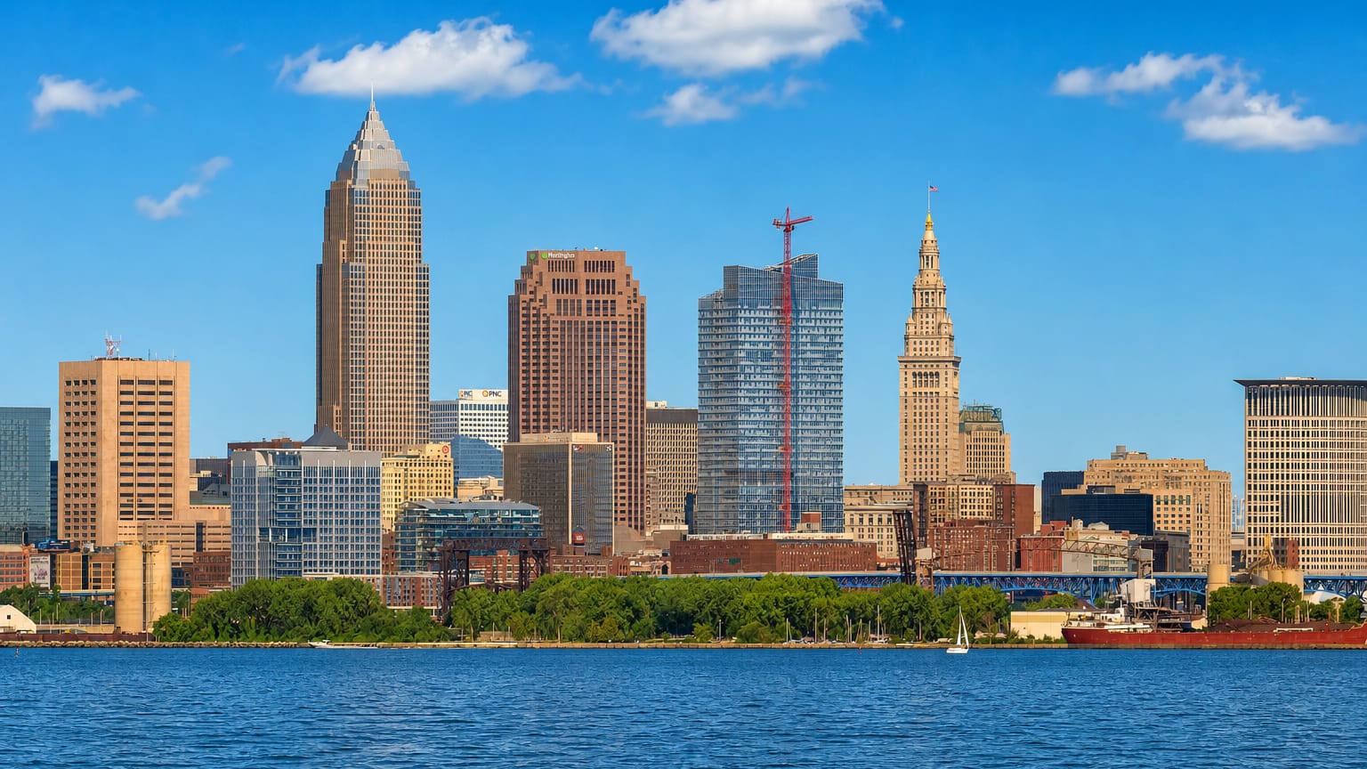 The downtown Cleveland, Ohio skyline with Key Tower and Terminal Tower rising above the Lake Erie shoreline.