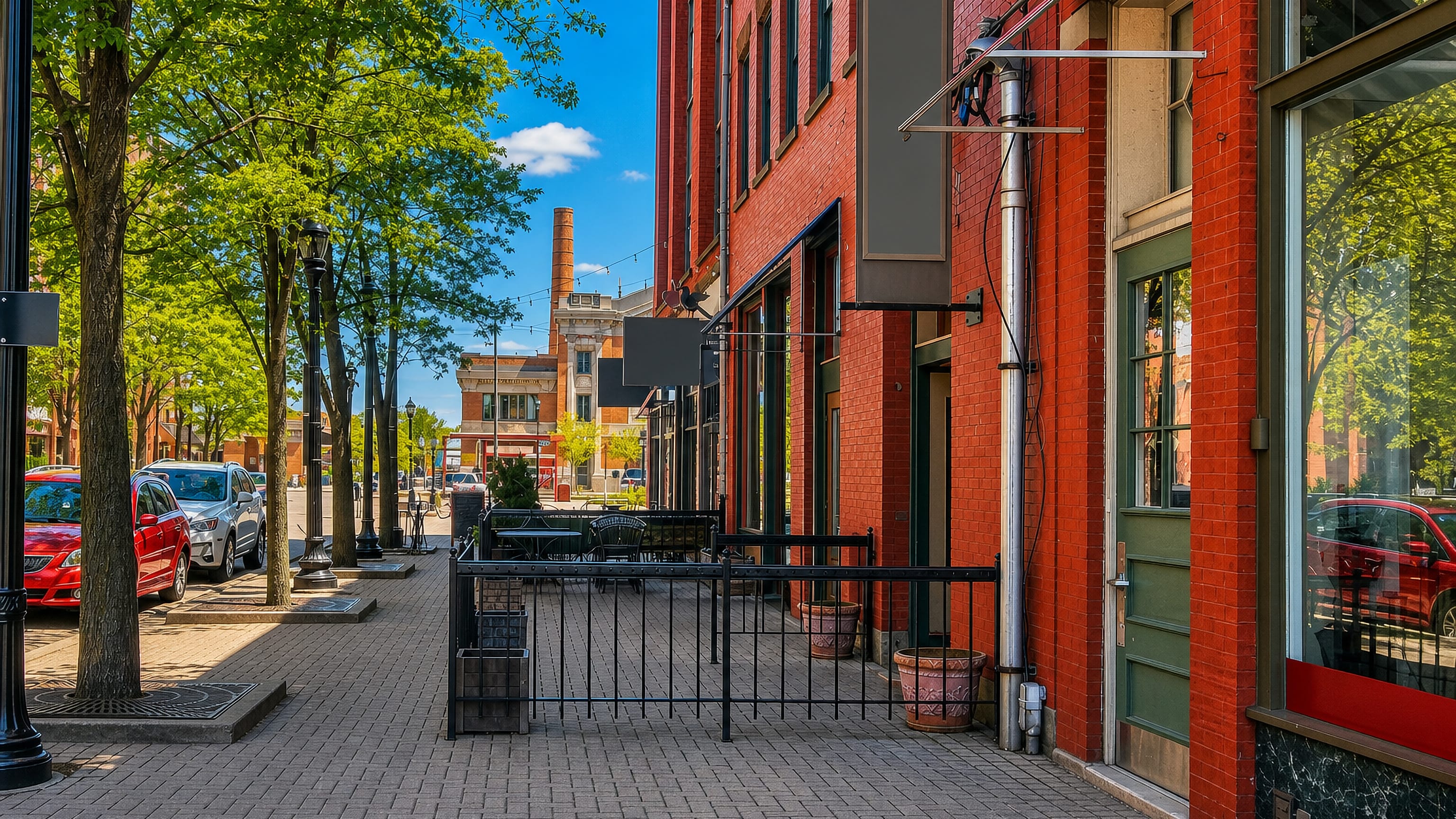 Red-brick storefronts, a sidewalk patio and a brick smokestack on a tree-lined street in Ohio City, Cleveland.