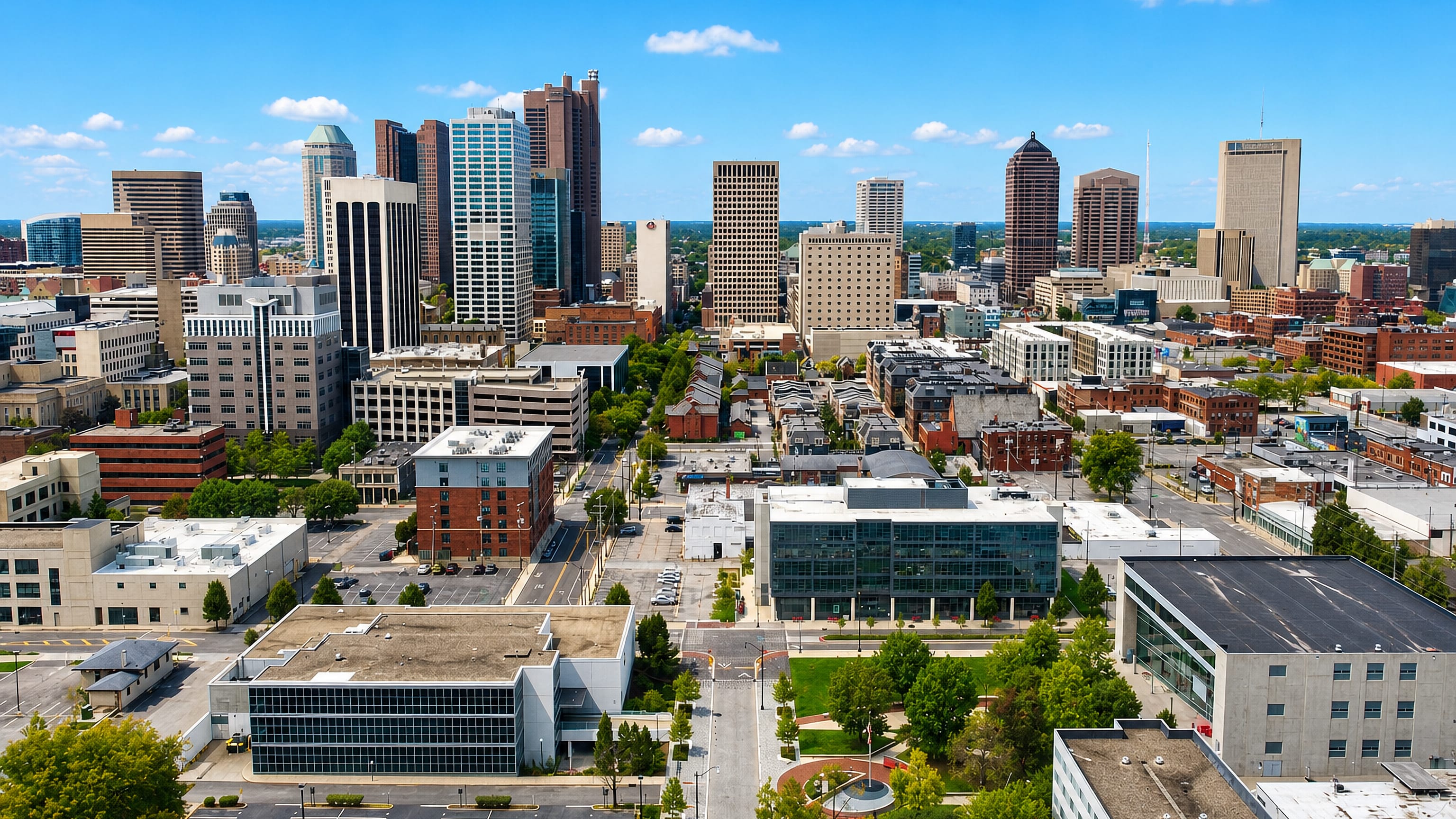 Aerial view of the Downtown Columbus skyline, office towers and gridded streets under a clear sky.