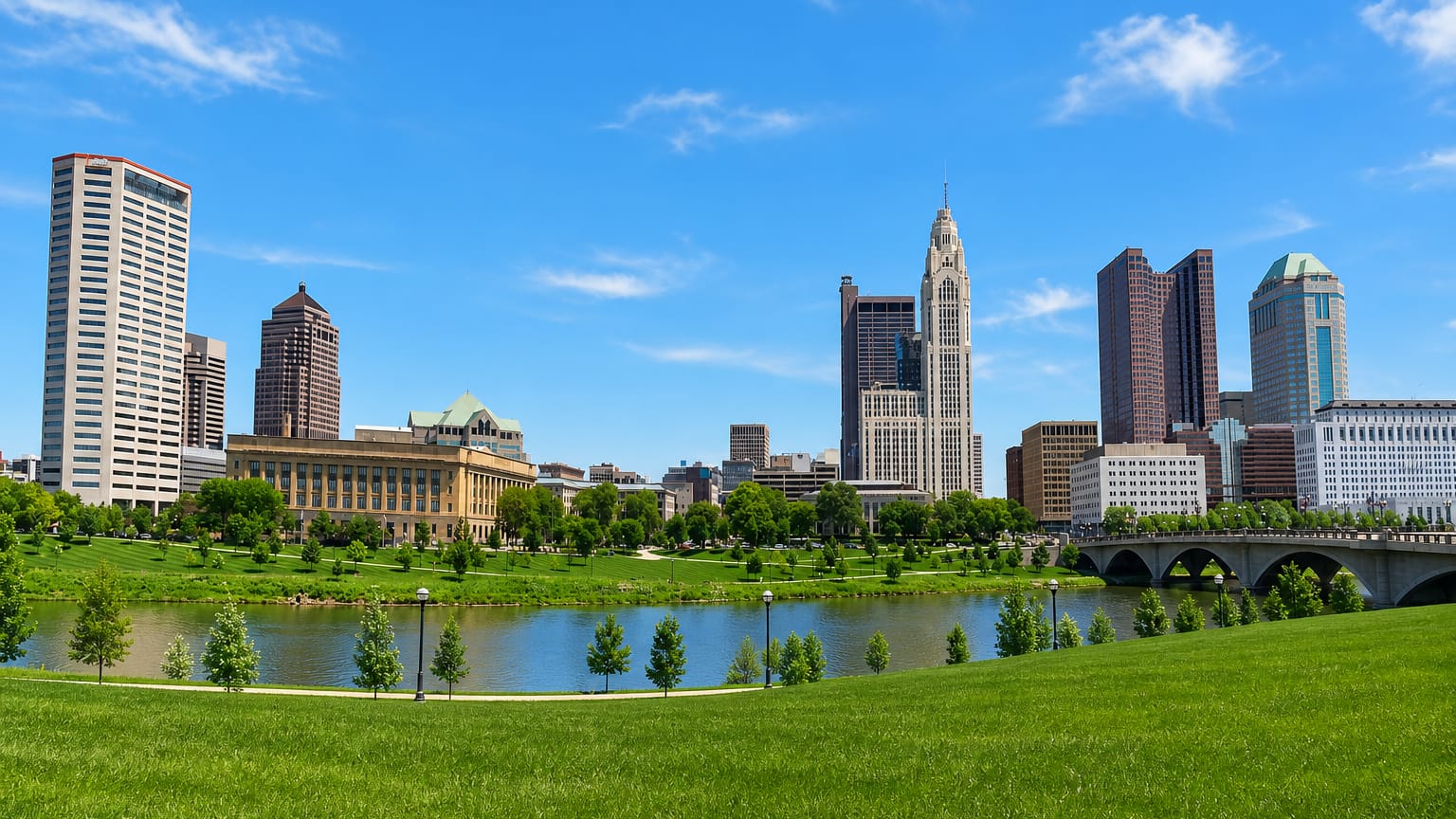 Columbus, Ohio skyline with the LeVeque Tower along the Scioto River and a green riverfront park