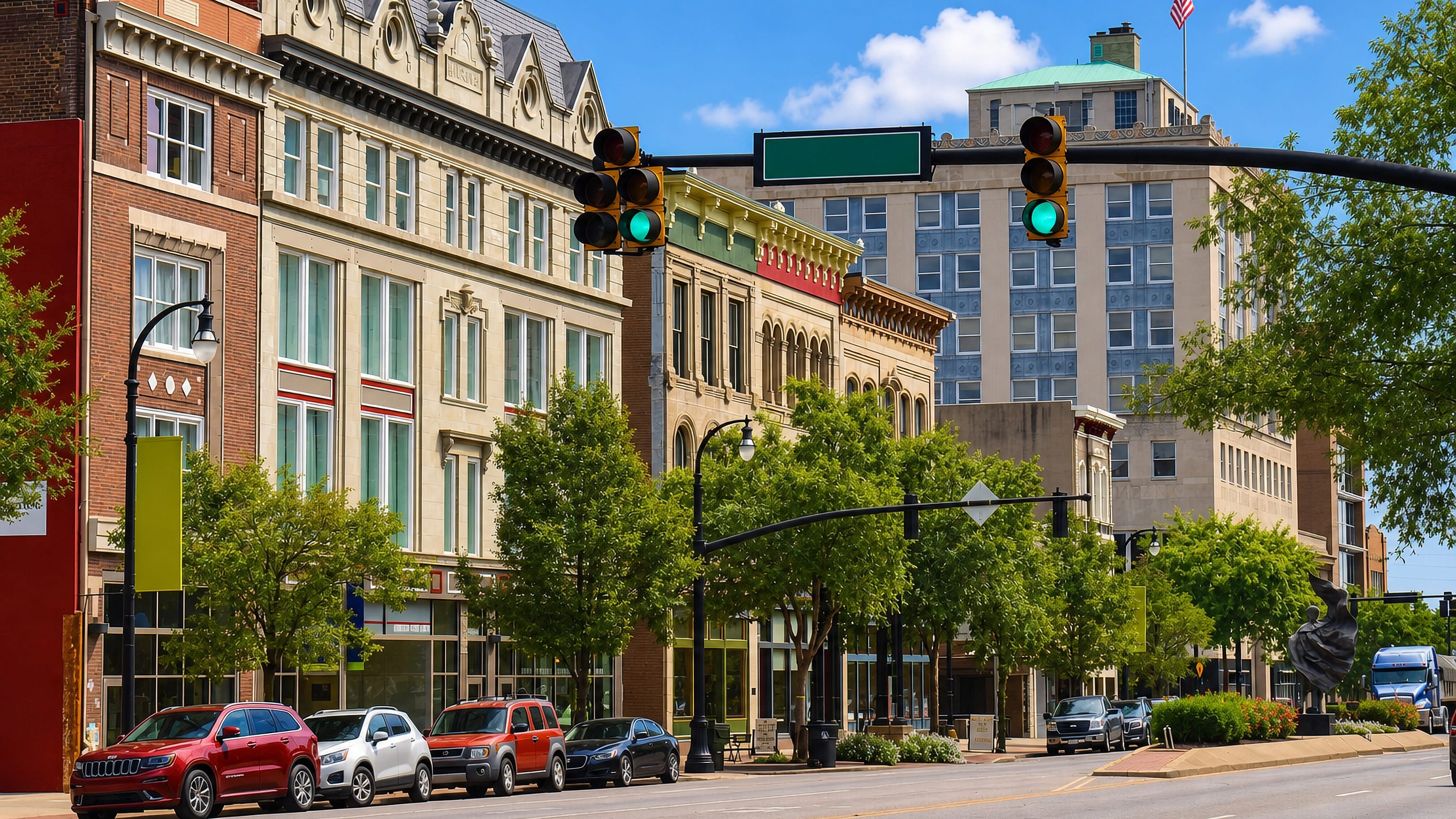 Historic brick and stone storefronts along a tree-lined downtown street in Hamilton, Ohio.