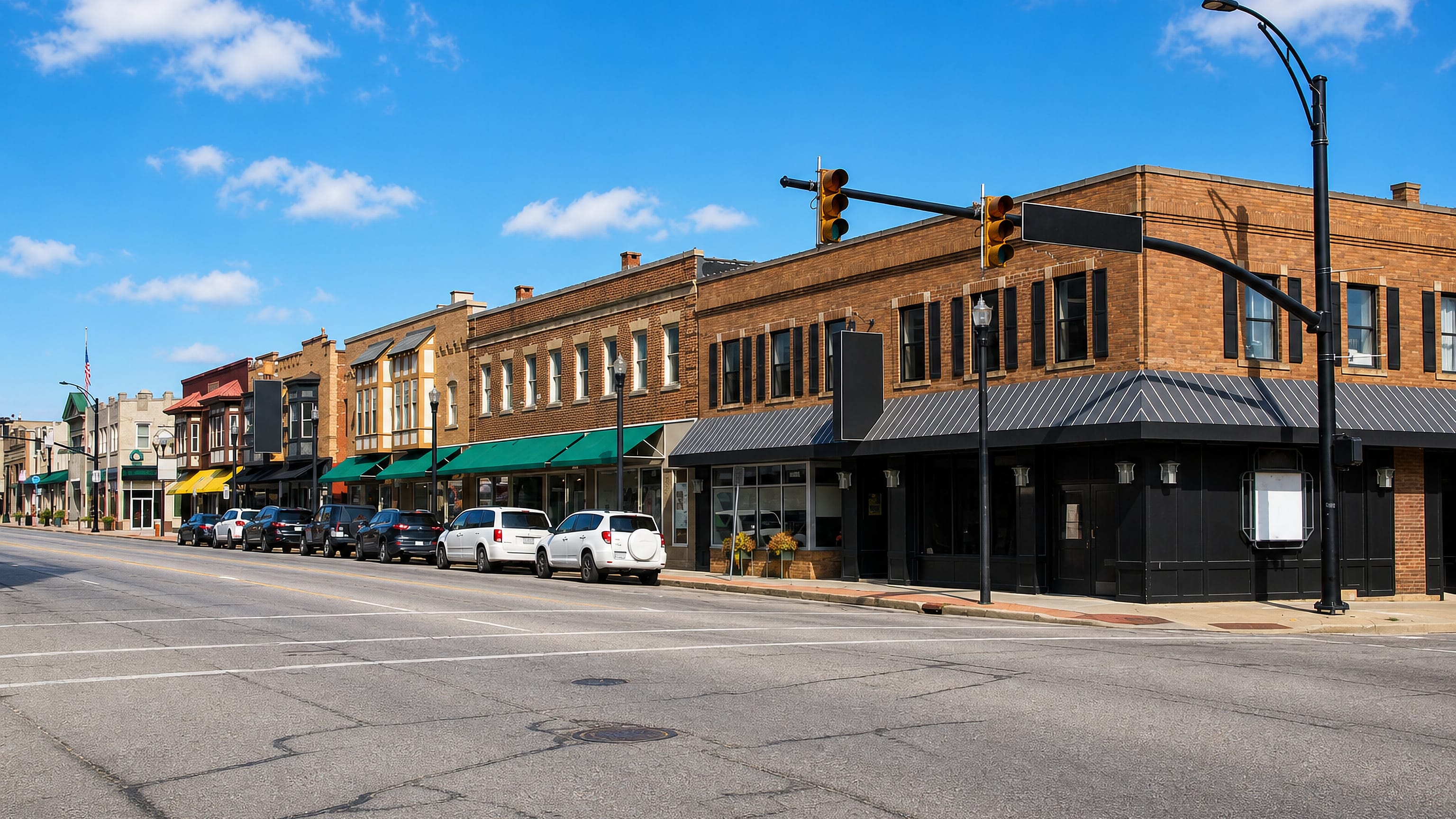 Two-storey brick storefronts along a main street in Lakewood, Ohio, cars angled at the kerb.