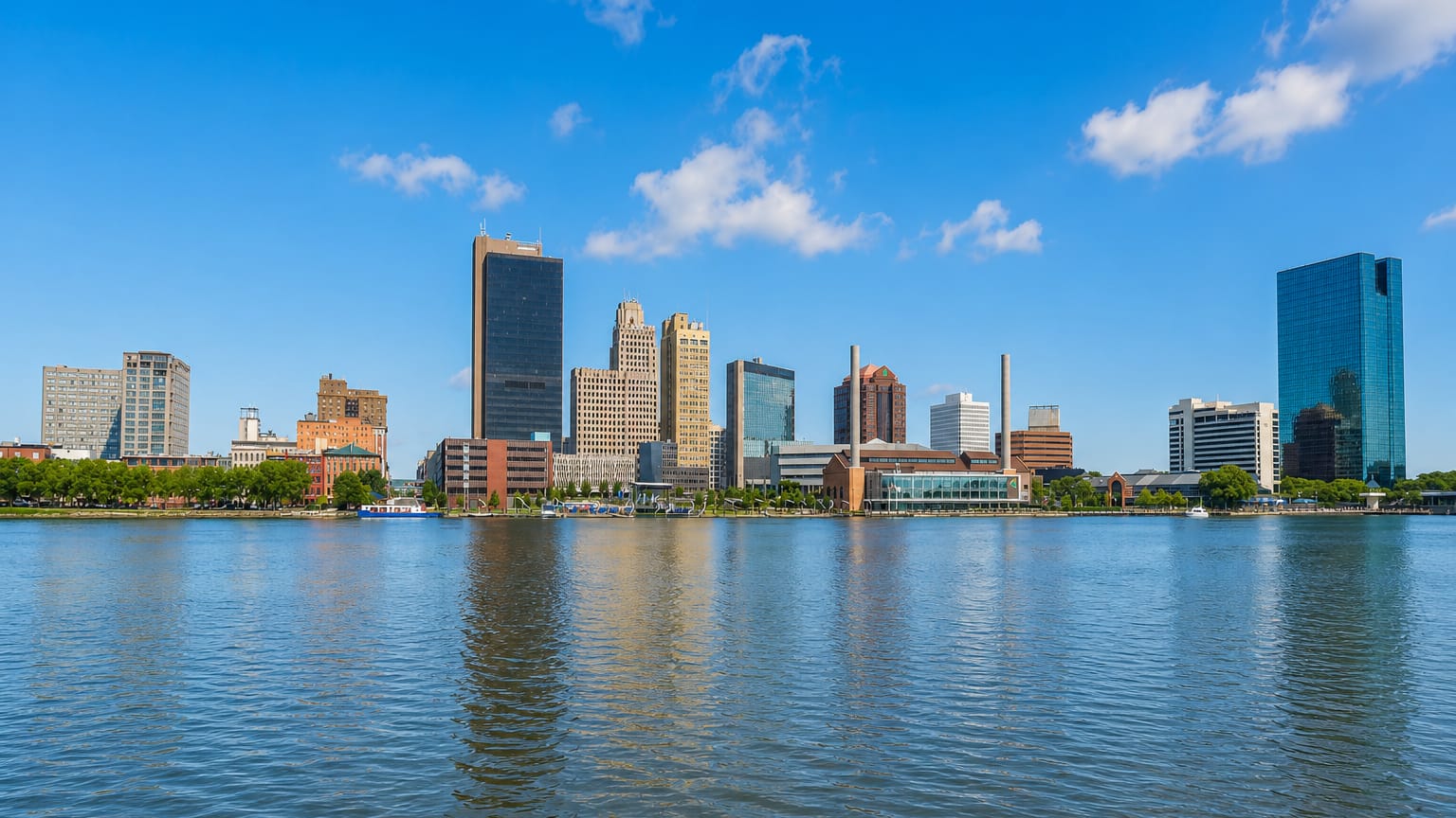 Downtown Toledo, Ohio skyline with its dark tower and blue-glass building across the Maumee River.