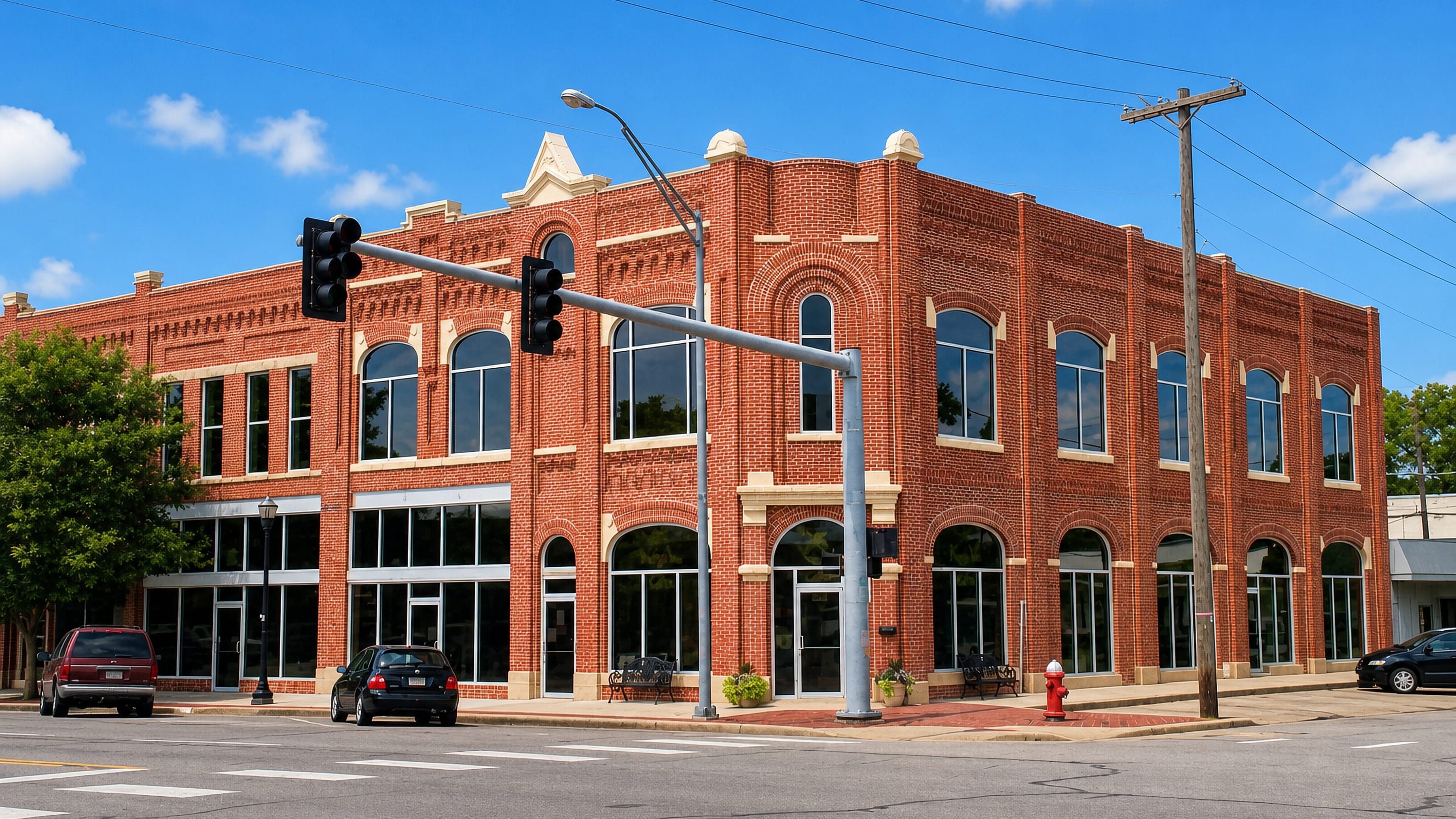 Restored red-brick storefront on a corner in Broken Arrow's historic Rose District under a clear Oklahoma sky.