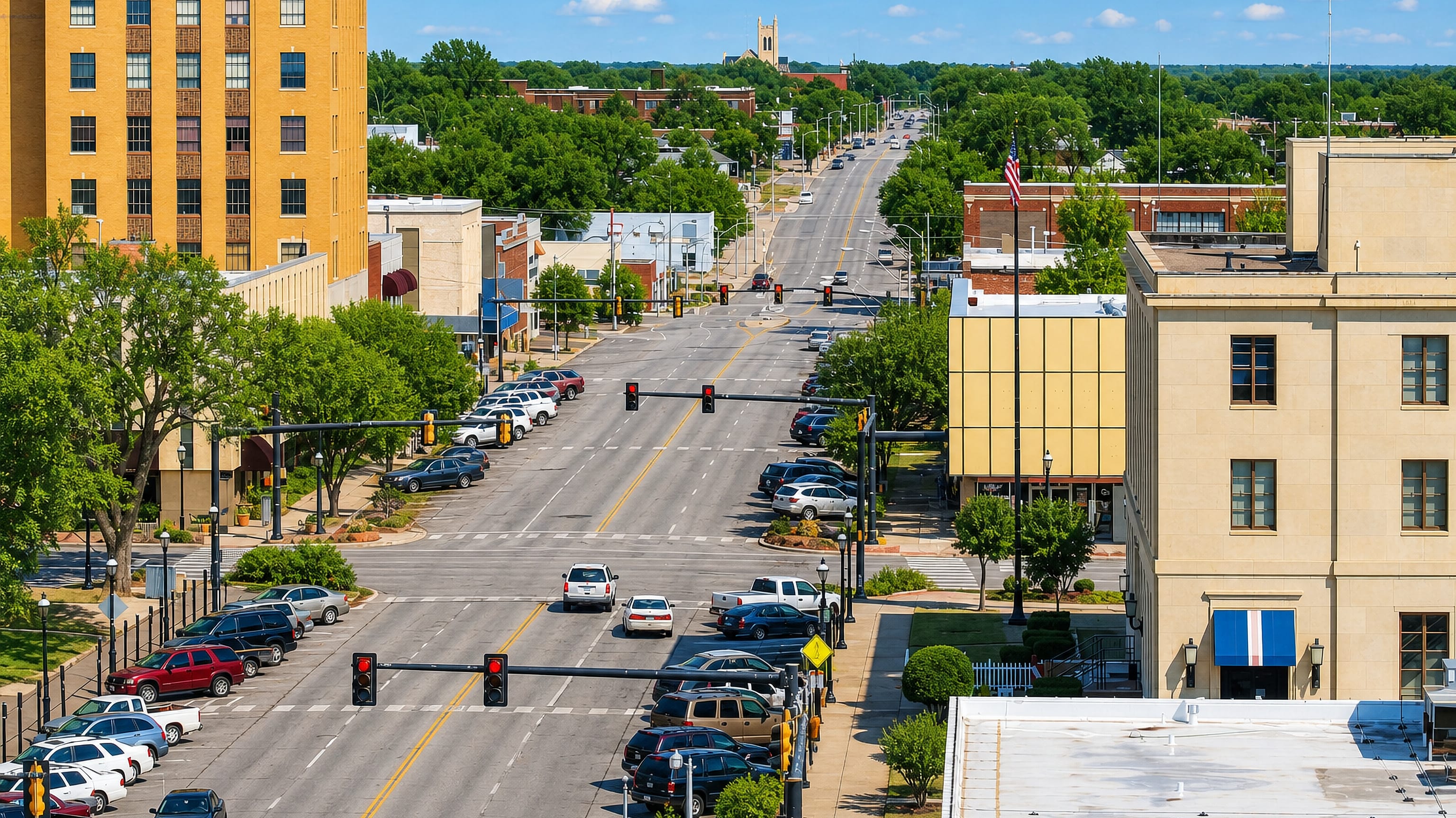Wide downtown street in Enid, Oklahoma, lined with brick commercial buildings under a summer sky
