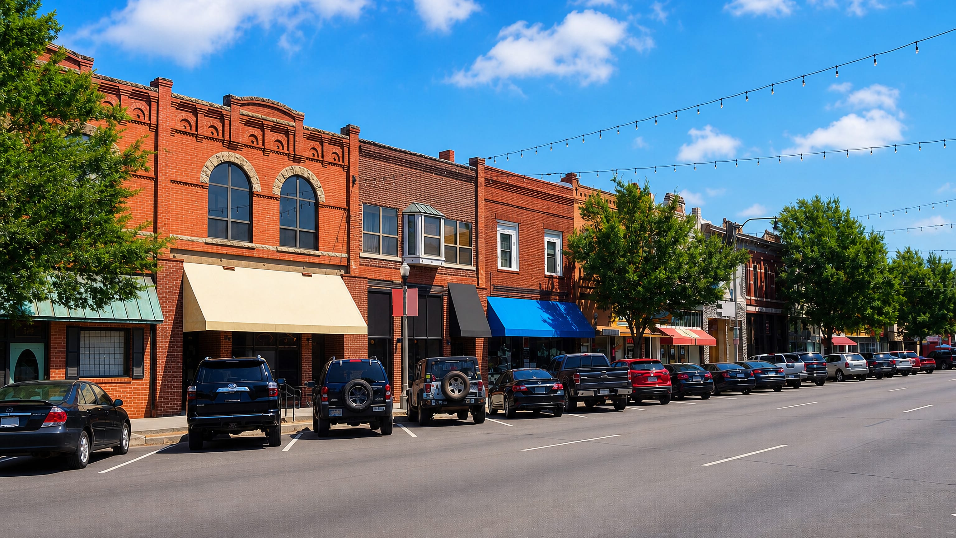 Historic brick storefronts with awnings and string lights along a main street in Norman, Oklahoma.