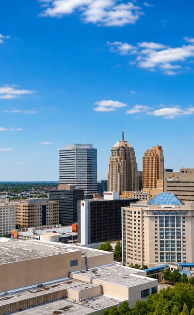 Oklahoma City skyline led by the pointed Devon Tower and glass high-rises under a bright blue sky.
