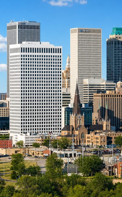 Downtown Tulsa skyline with the white BOK Tower and Art Deco high-rises, Oklahoma