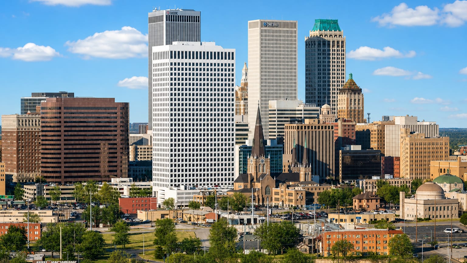 Downtown Tulsa skyline with the white BOK Tower and Art Deco high-rises, Oklahoma