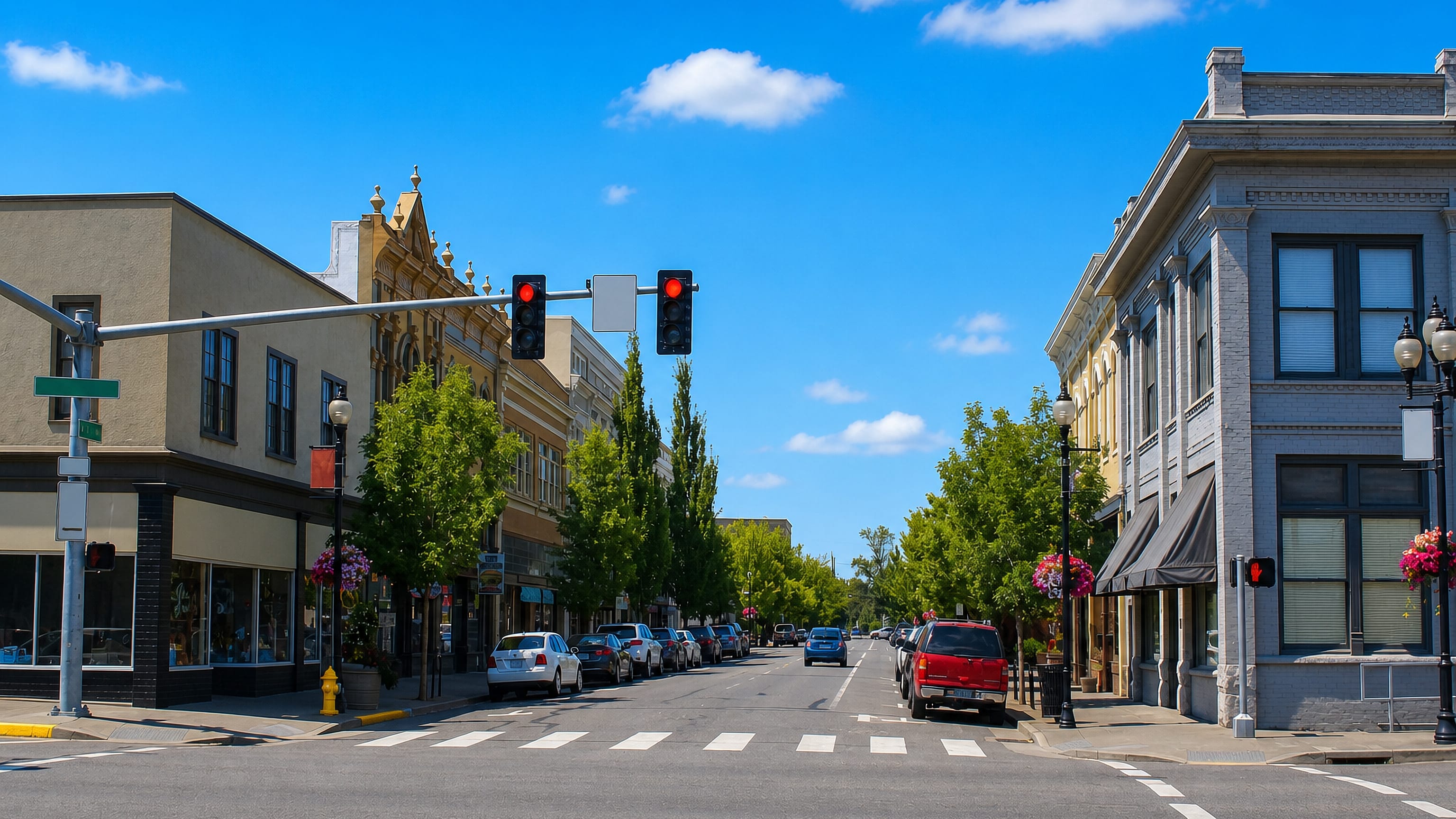 Historic brick and cast-iron storefronts along a downtown street in Albany, Oregon, under a clear blue sky.