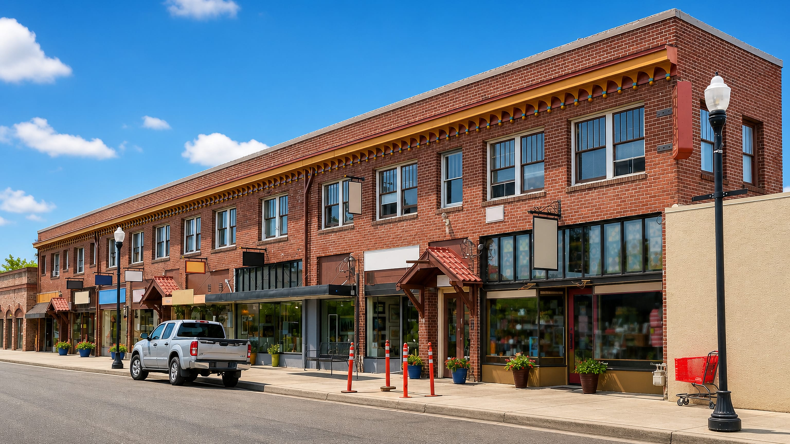 Historic brick storefronts along a downtown street in Beaverton, Oregon, under a clear blue sky.