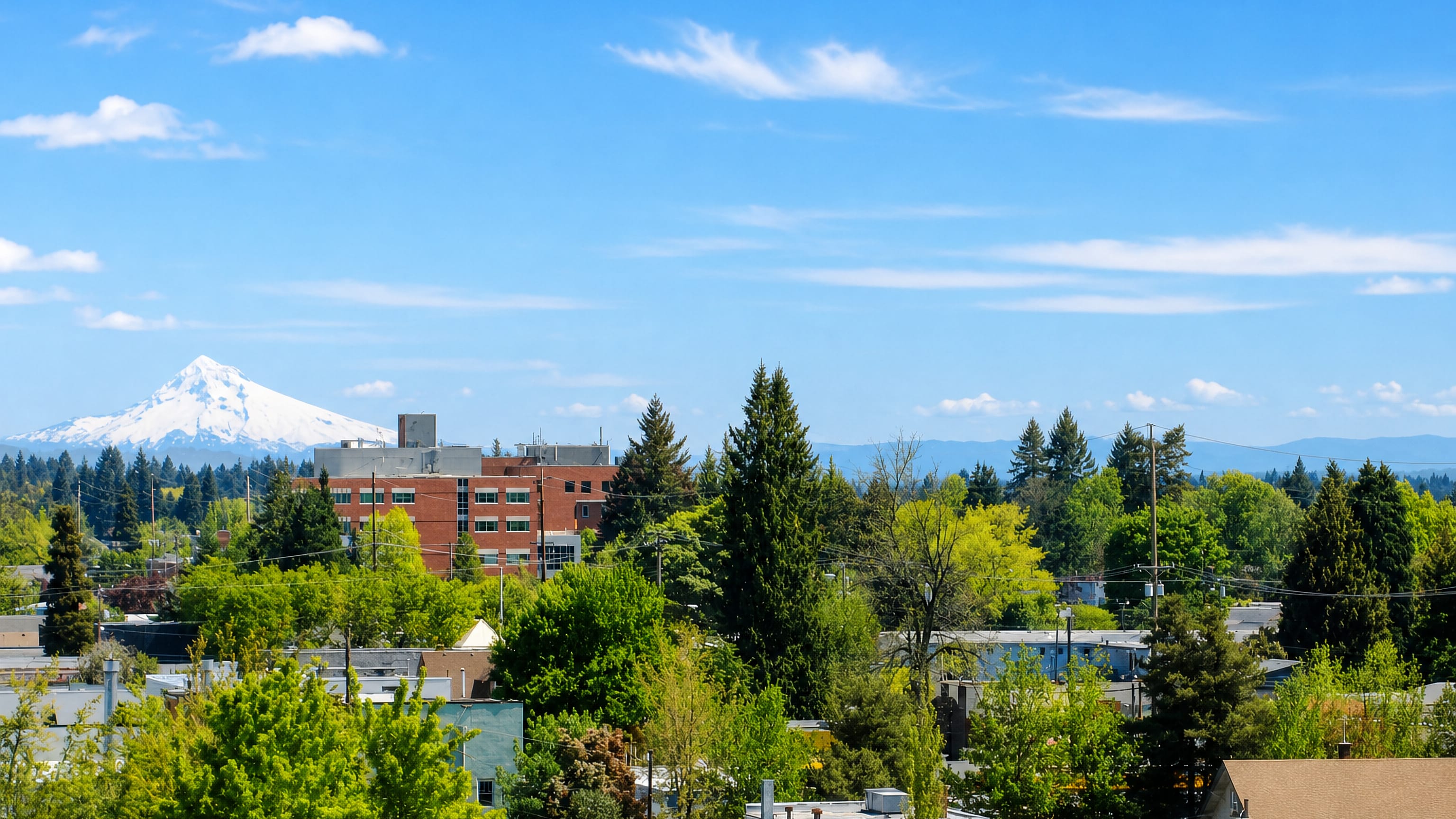 Snow-capped Mount Hood on the horizon beyond the leafy rooftops of Hillsboro, Oregon.