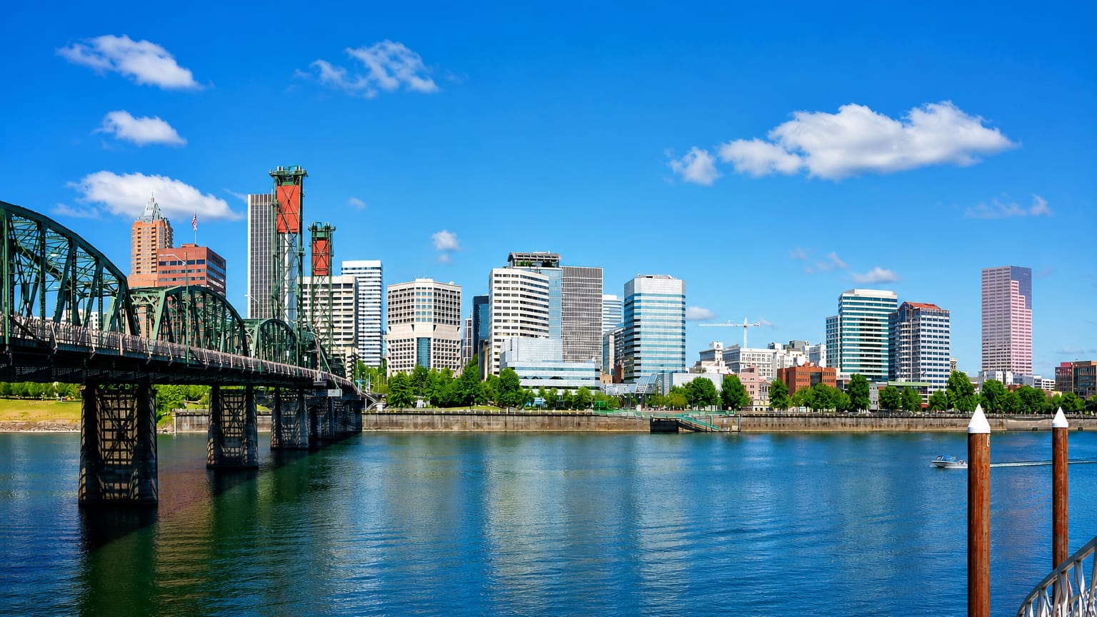 Portland skyline across the Willamette River with the green Hawthorne Bridge and downtown towers under blue sky