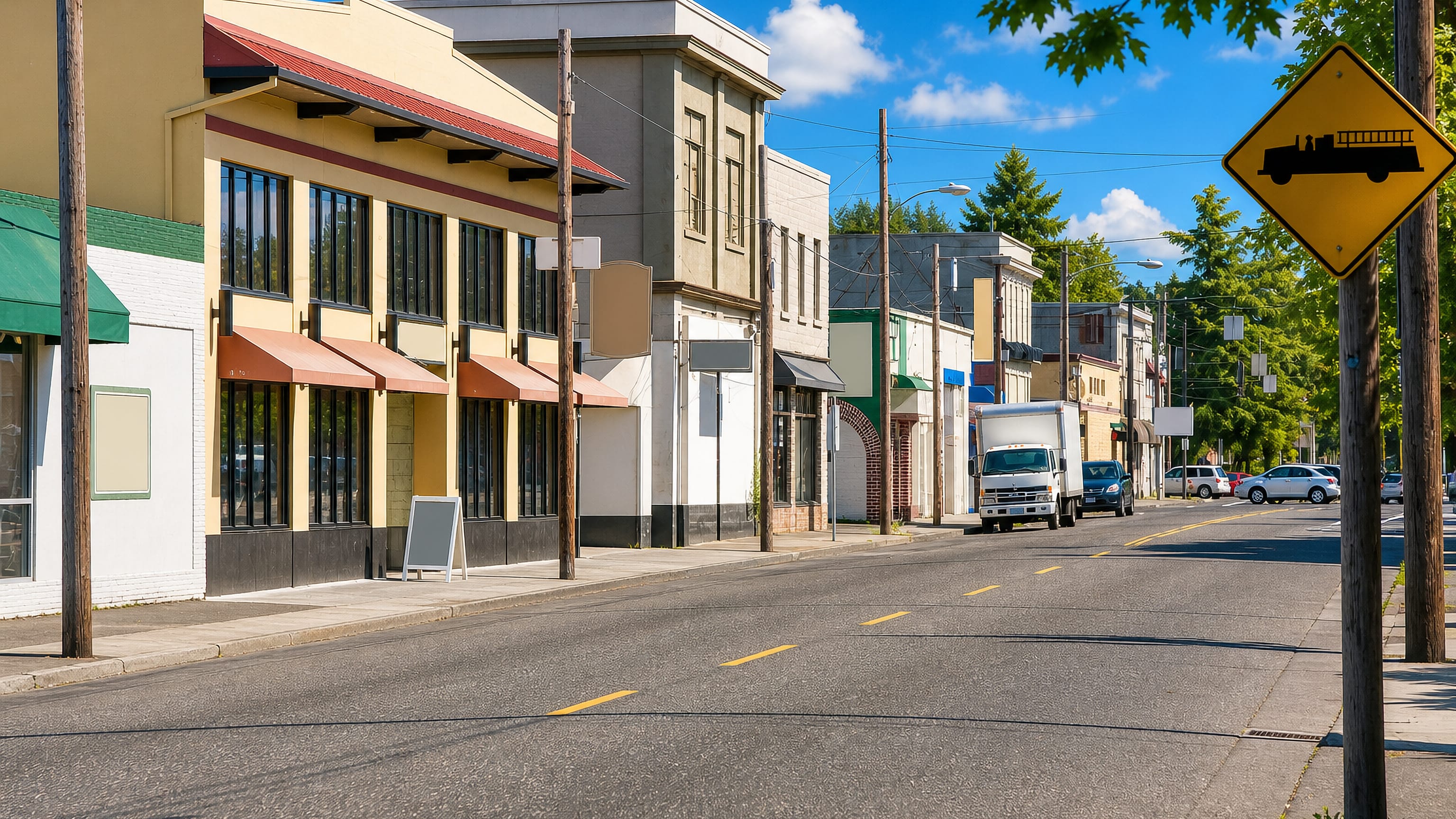 Low-rise storefronts along a sunlit main street in the Lents neighbourhood of Portland, Oregon.