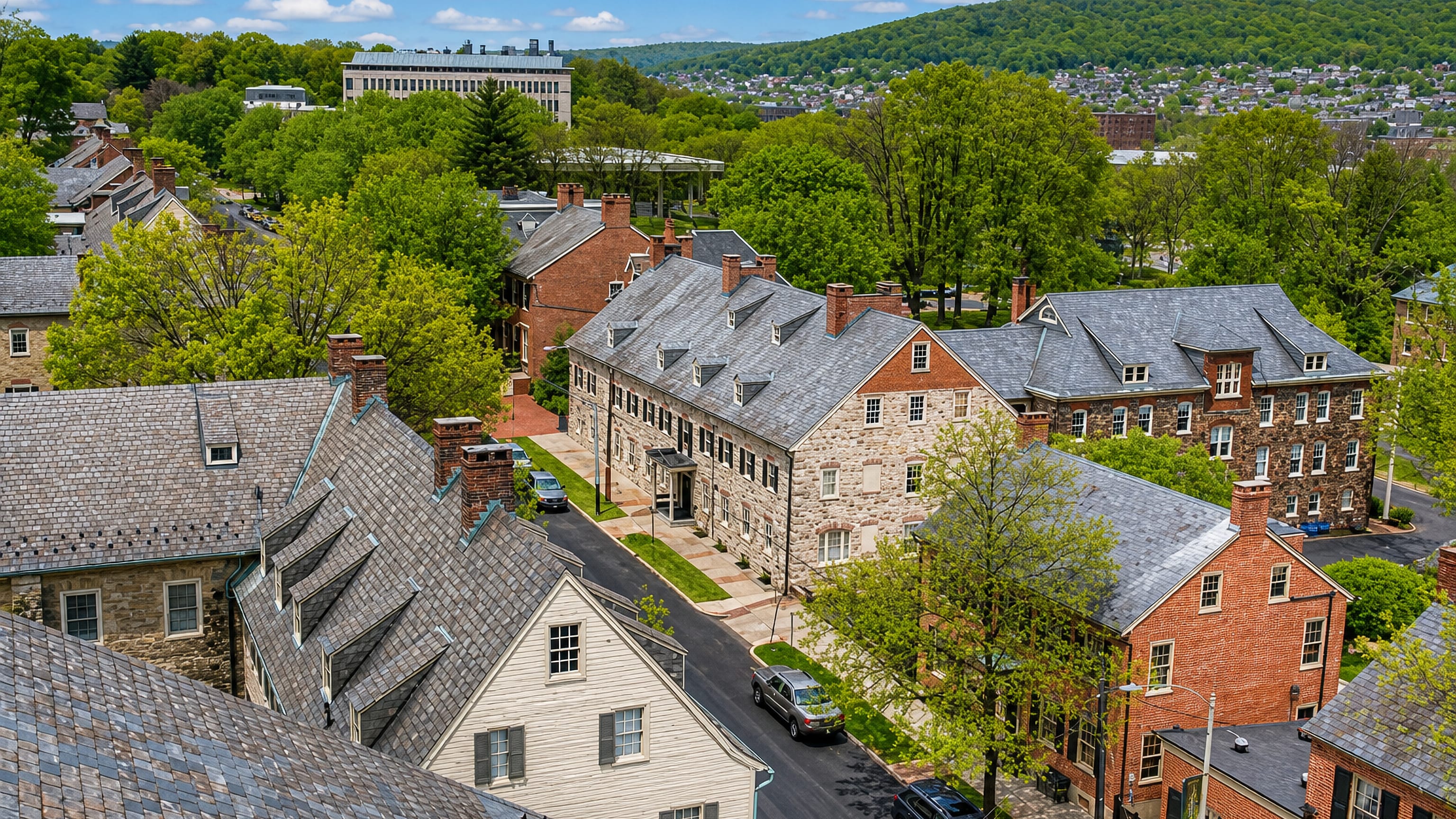 Slate-roofed limestone and brick Moravian-era buildings along a tree-lined street in Bethlehem, Pennsylvania.
