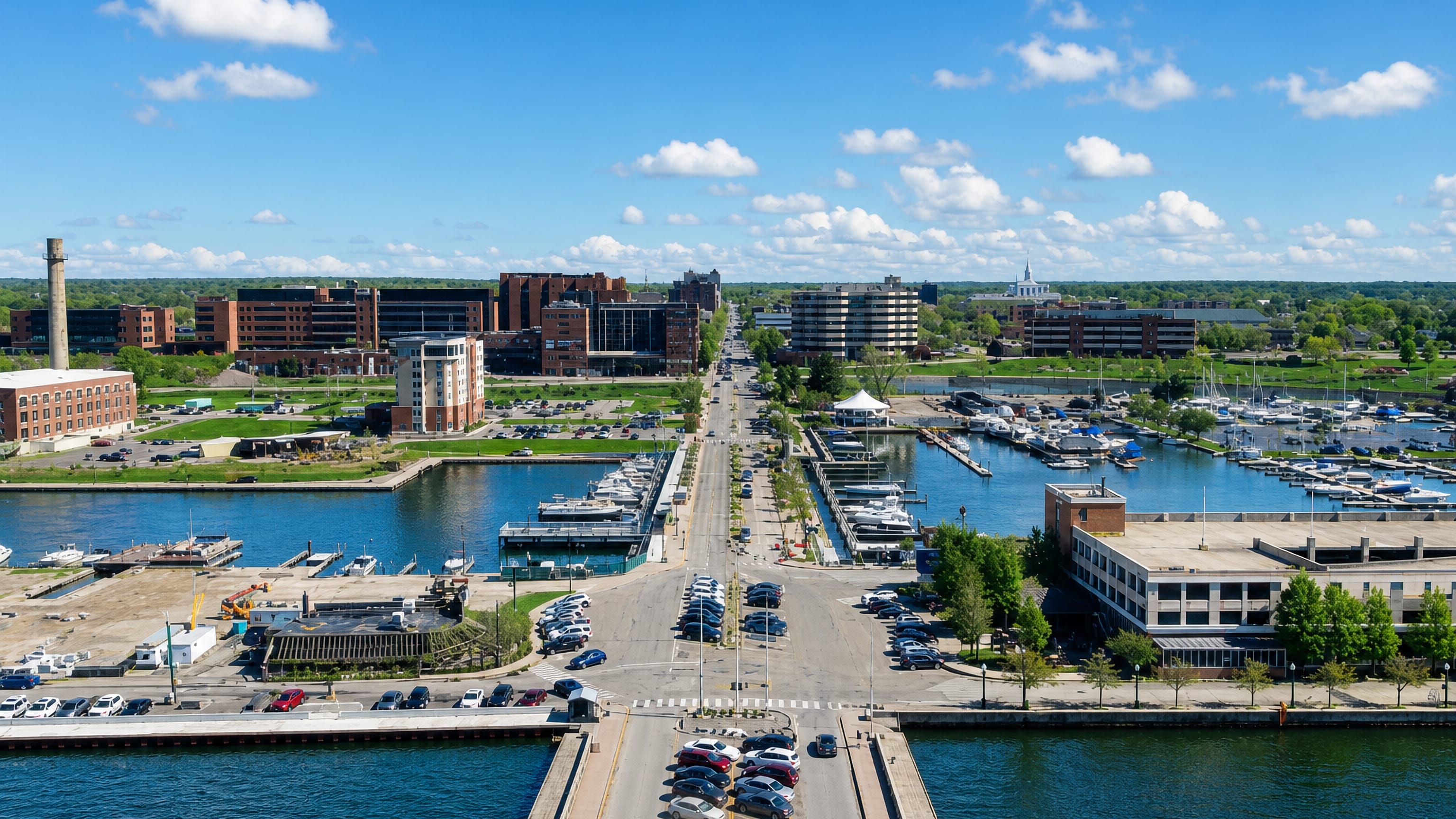 Marinas, a bridge and downtown brick mid-rises along the Erie, Pennsylvania bayfront under a clear blue sky