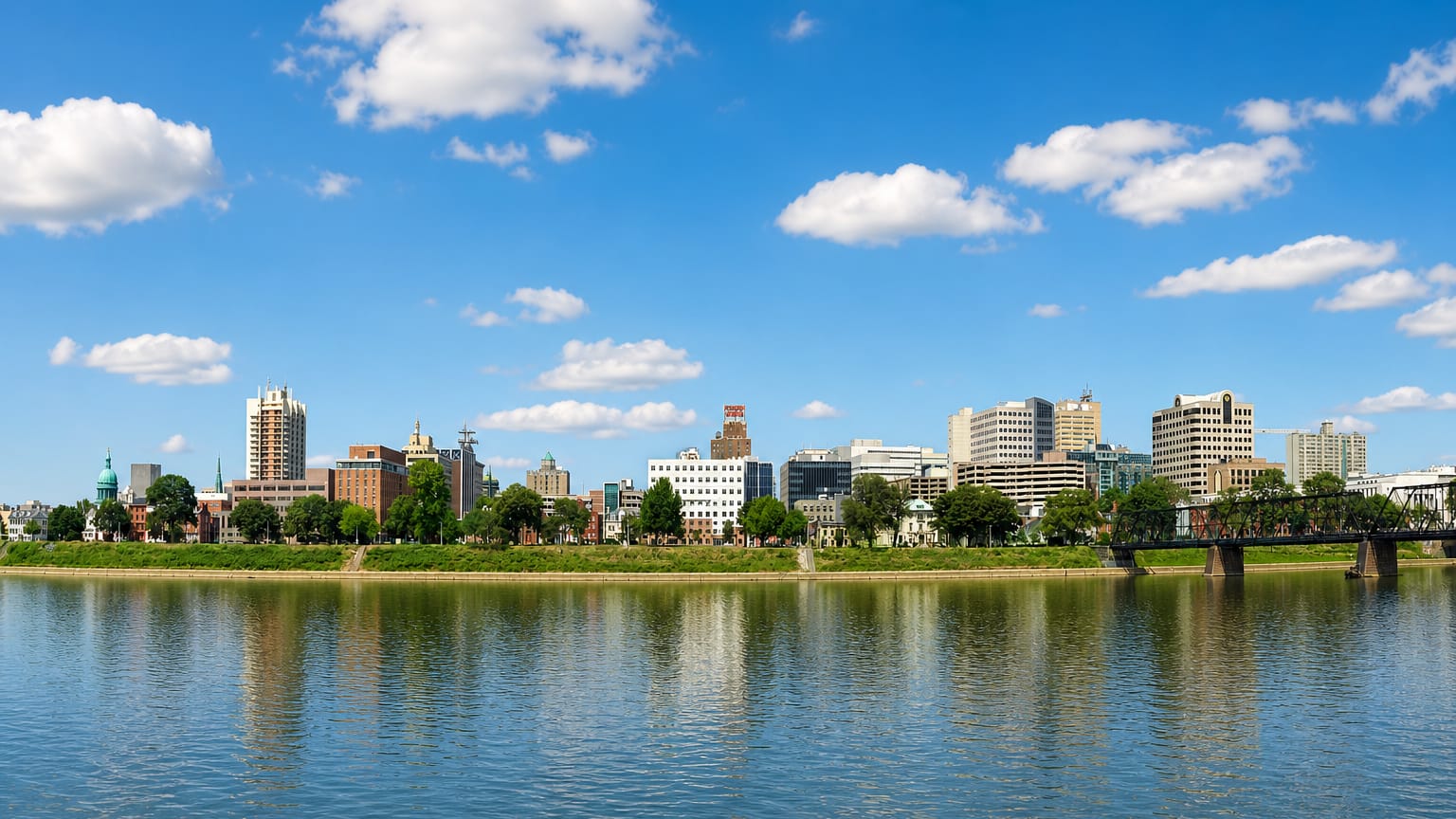 Harrisburg, Pennsylvania skyline with the green Capitol dome and a river bridge across the Susquehanna.